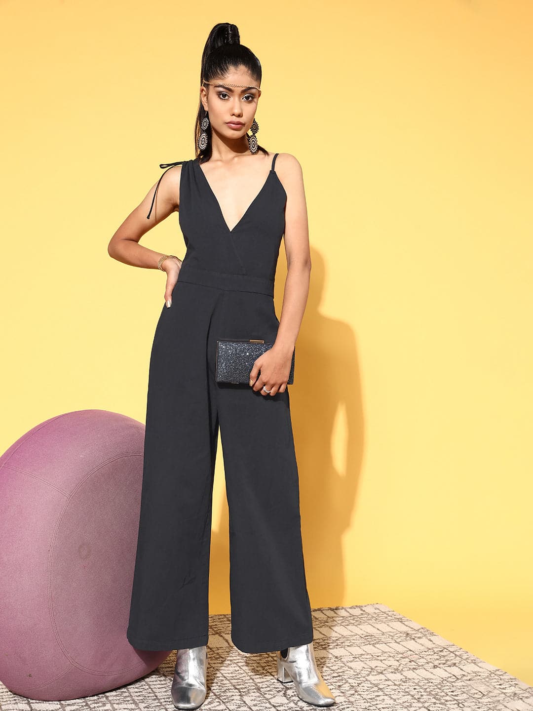 Women Black One Side Strap Denim Jumpsuit-Jumpsuits-SASSAFRAS