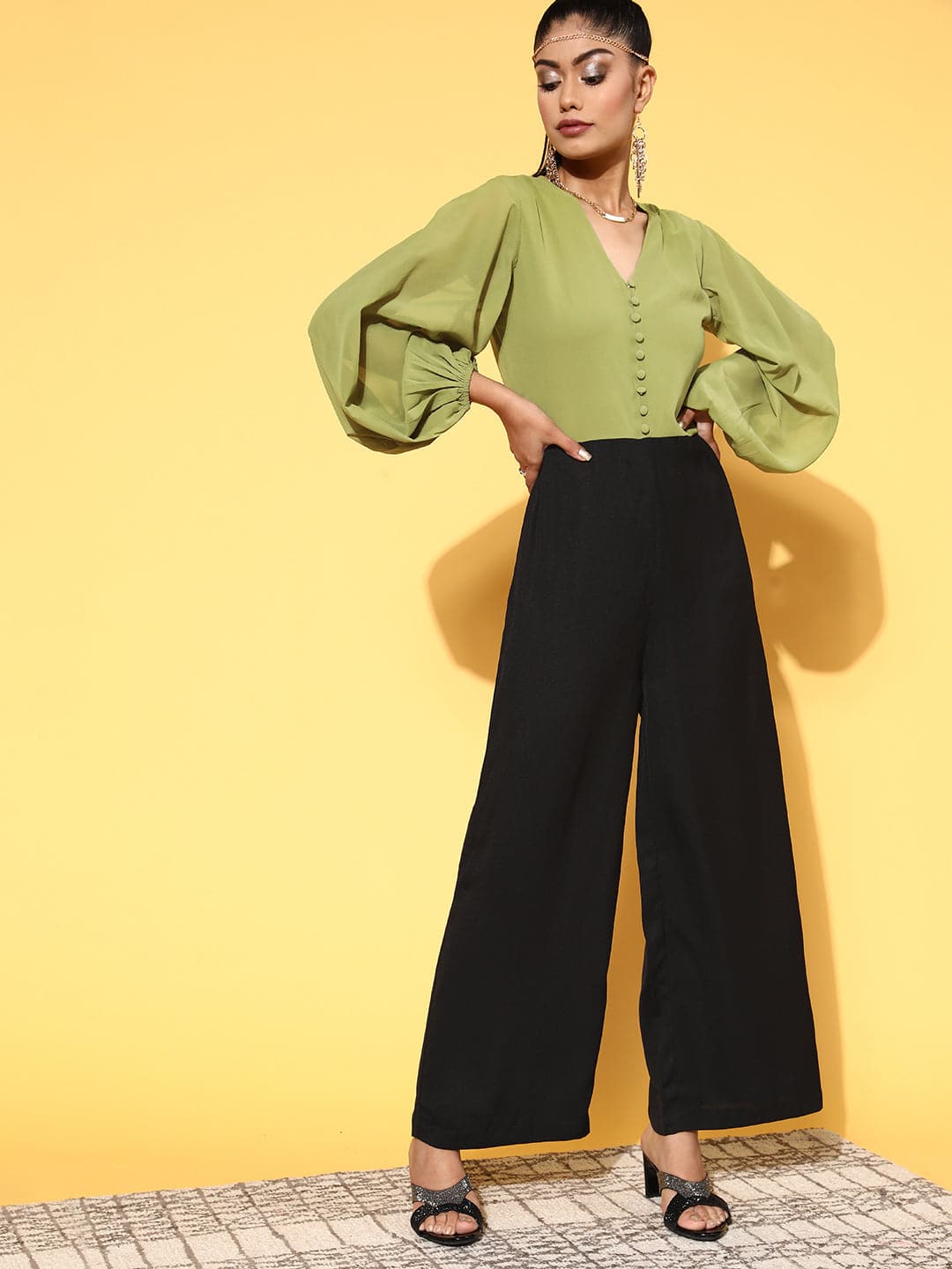 Women Green & Black Volume Sleeve Jumpsuit-Jumpsuits-SASSAFRAS