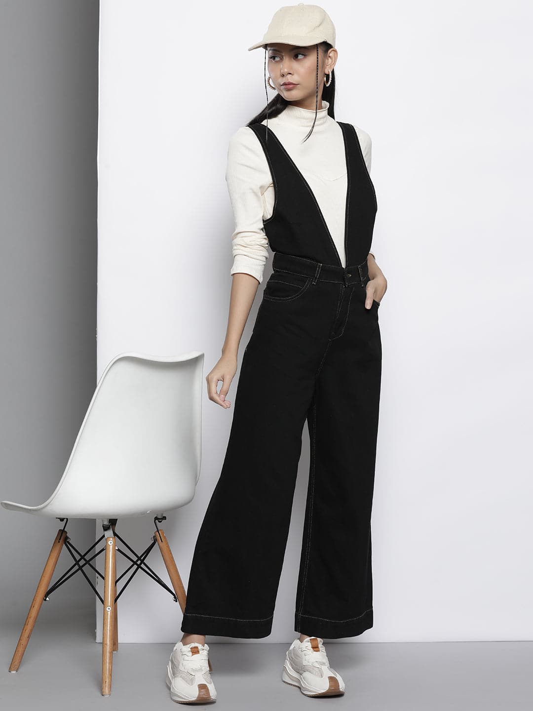 Black Deep V-Neck Denim Flared Leg Jumpsuit-SASSAFRAS