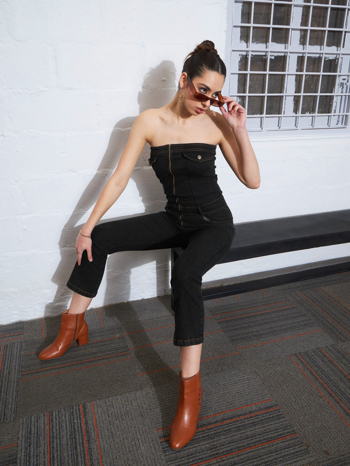 Black Denim Corset Jumpsuit-SASSAFRAS