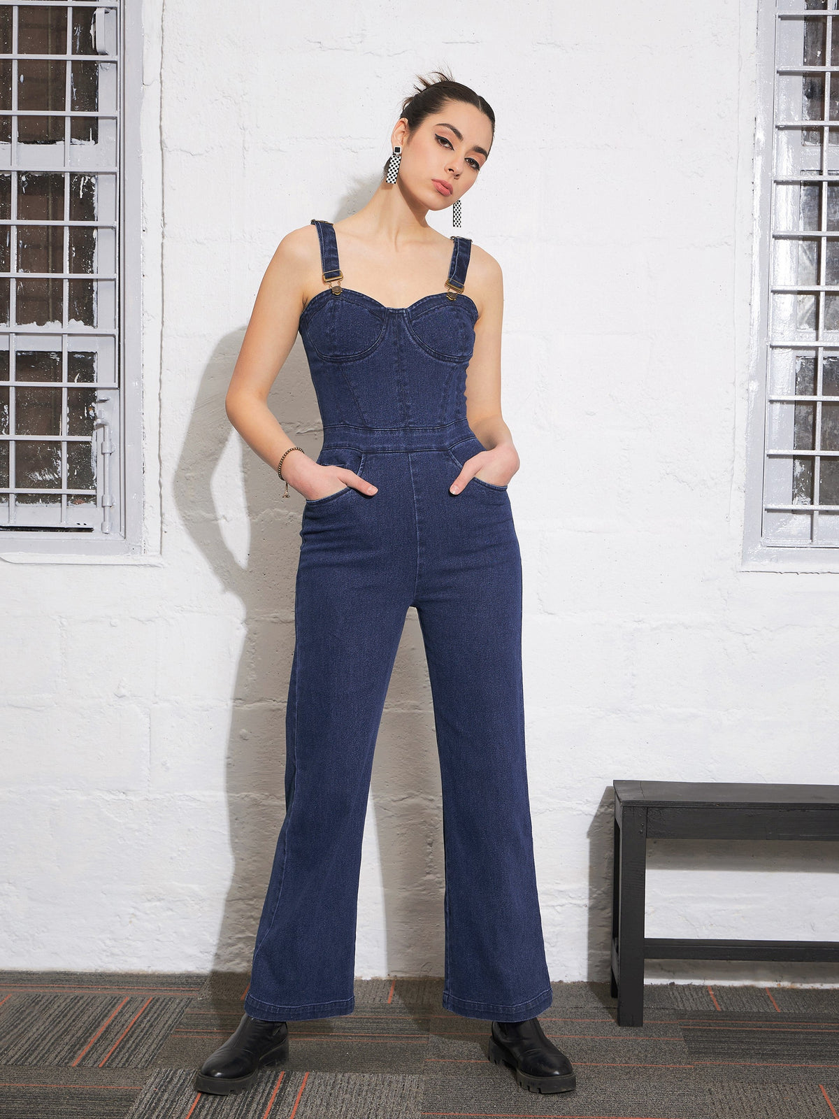Navy Denim Sweatheart Strappy Corset Jumpsuit-SASSAFRAS