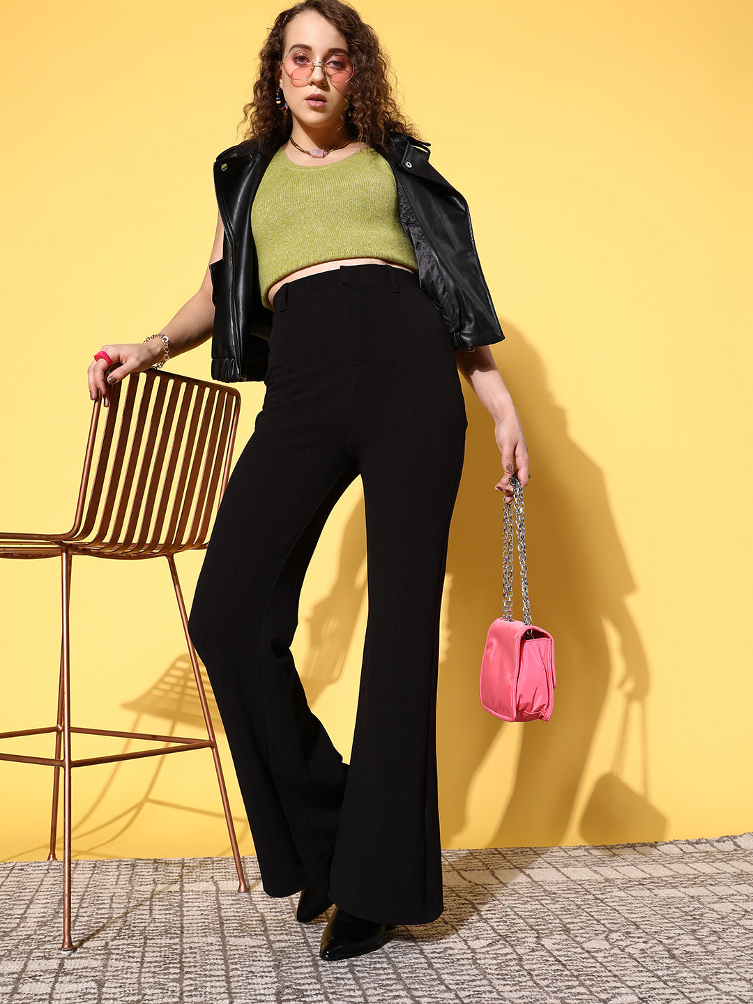 Black Bell Bottom Knitted Pants-SASSAFRAS