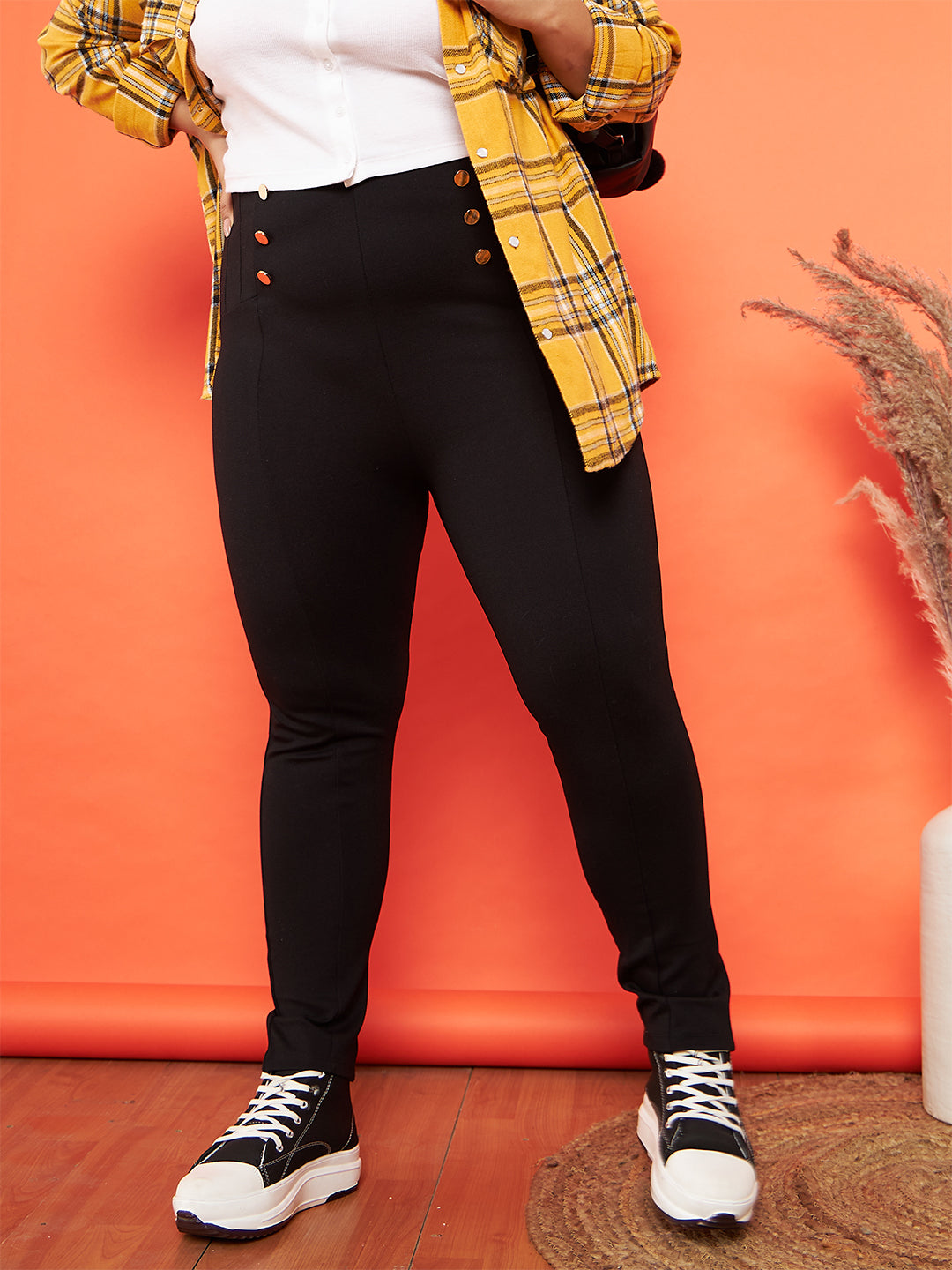 Black Show Button High Waist Jeggings-SASSAFRAS Curve