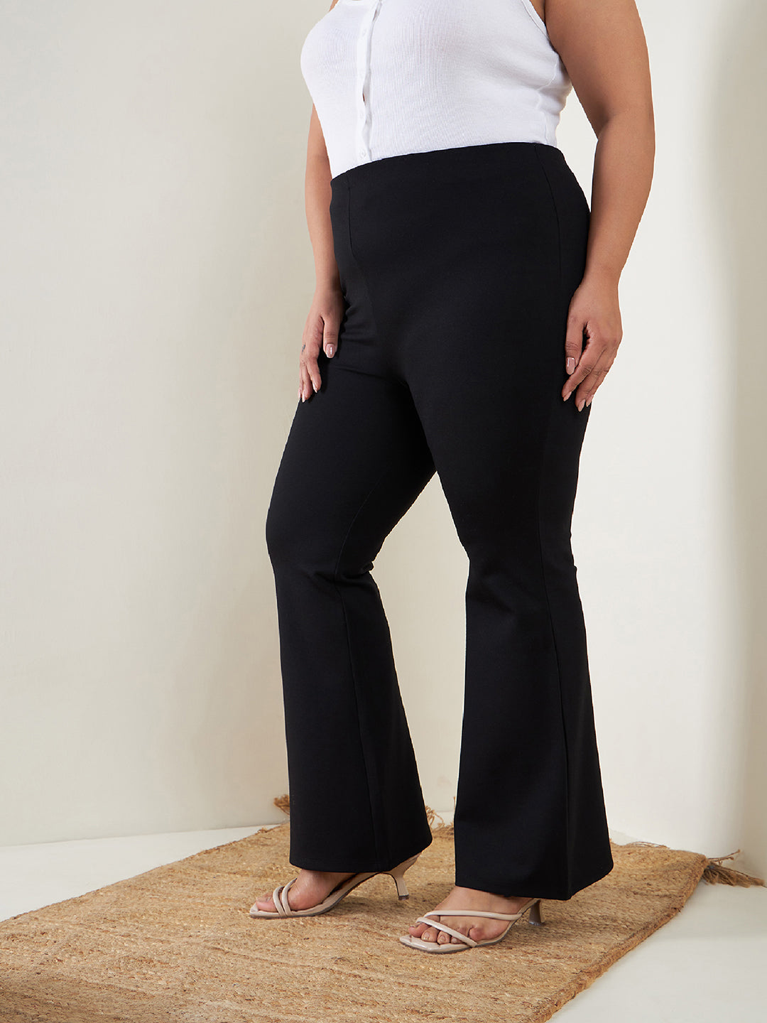 Black Bell Bottom 4-Way Stretch Trousers-SASSAFRAS Curve