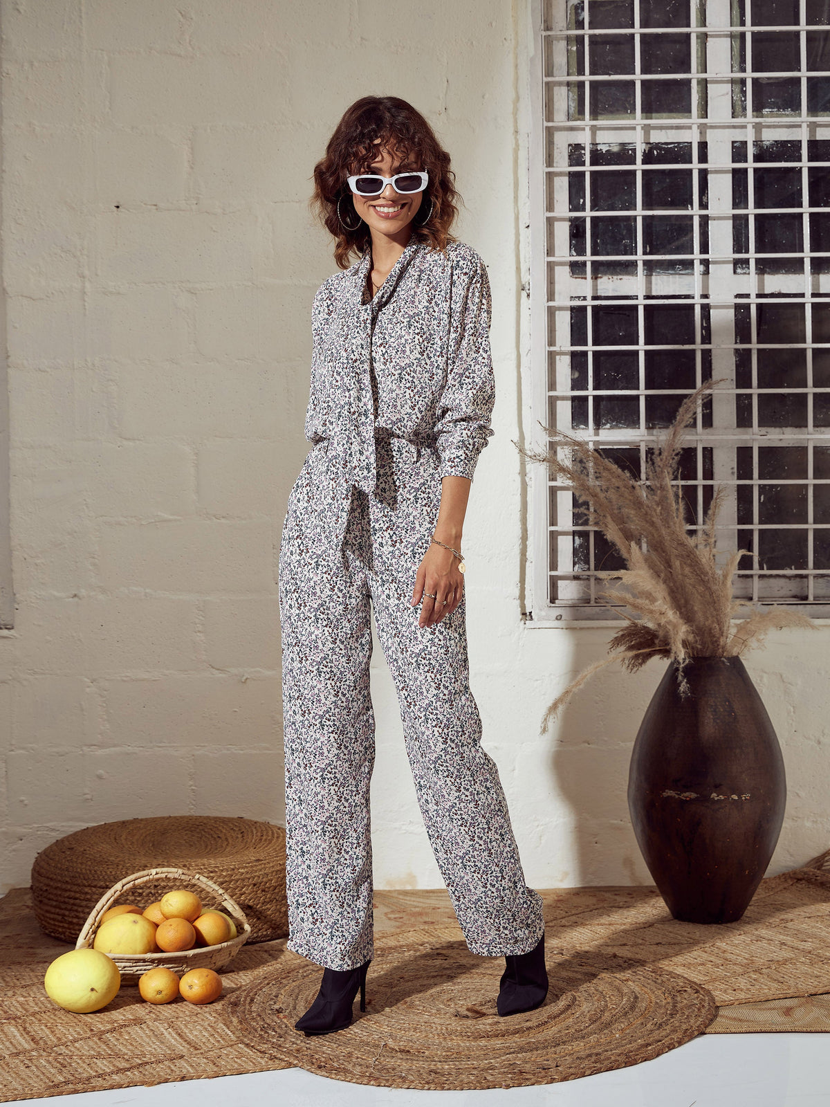 Cream Ditsy Floral Straight Pants-SASSAFRAS
