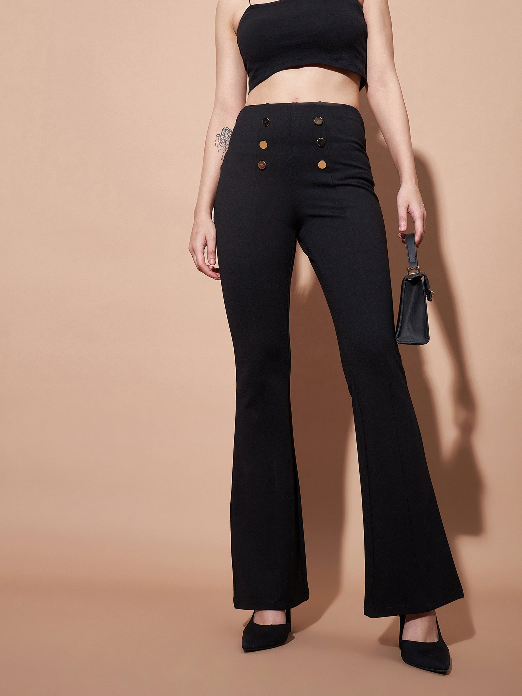 Black High Waist Gold Show Buttons Pants-SASSAFRAS BASICS