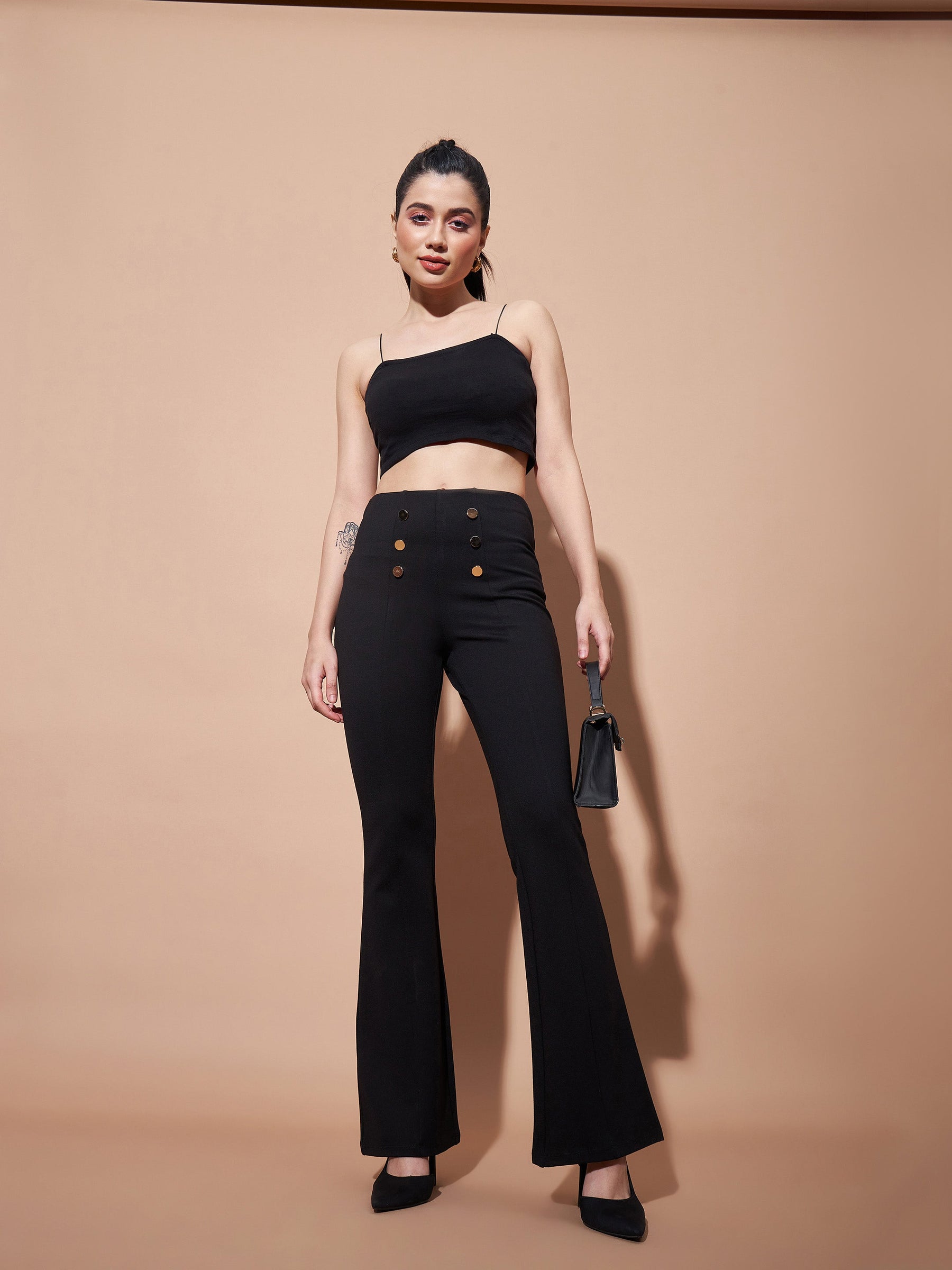Black High Waist Gold Show Buttons Pants-SASSAFRAS BASICS