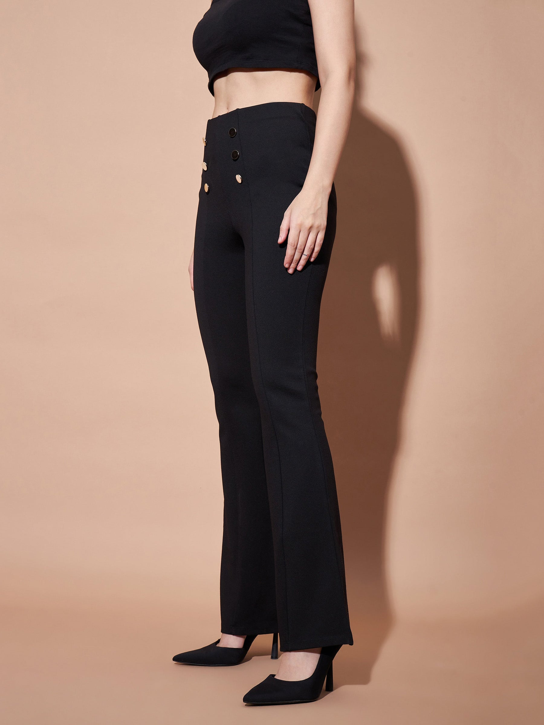 Black High Waist Gold Show Buttons Pants-SASSAFRAS BASICS