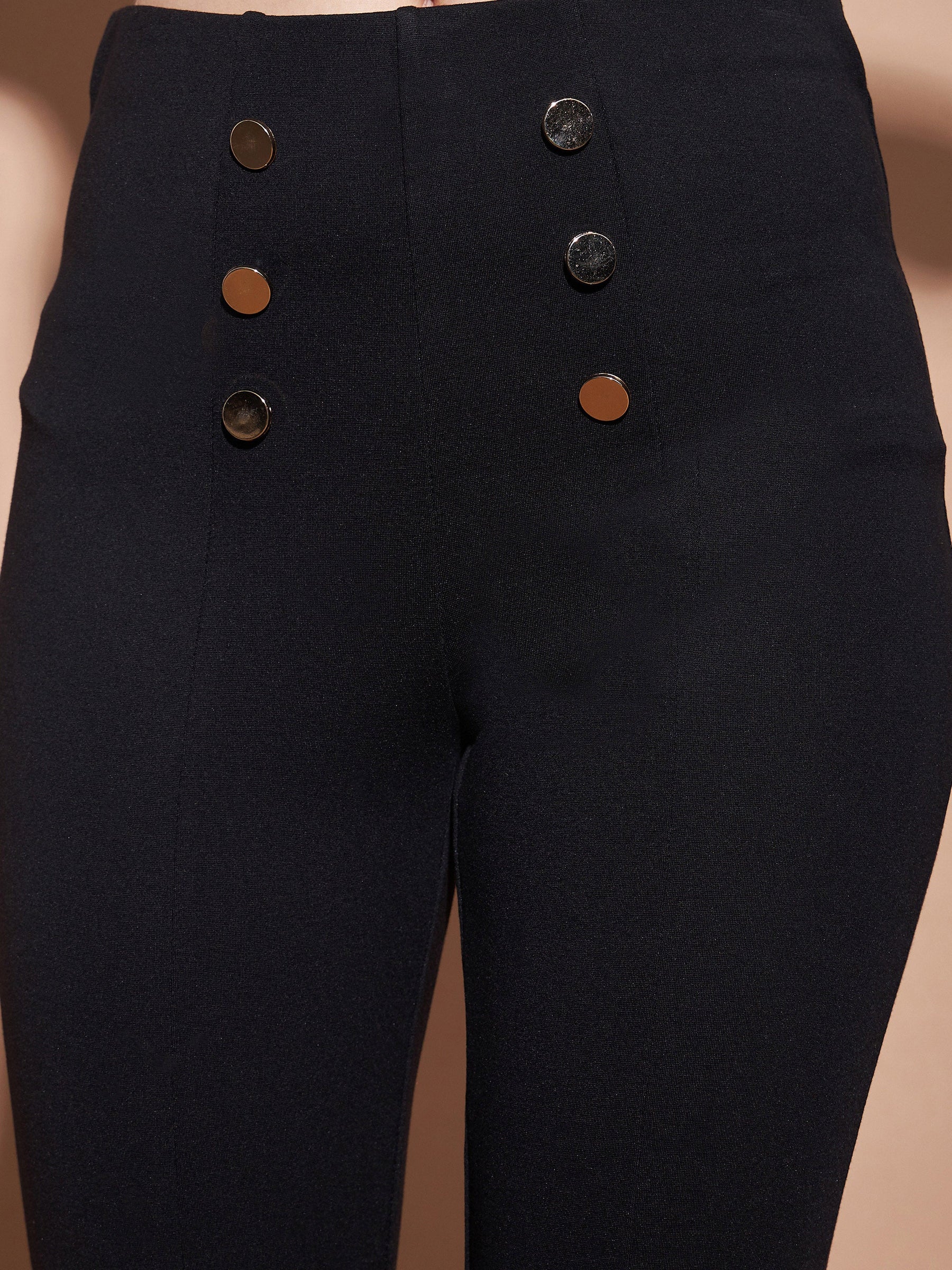 Black High Waist Gold Show Buttons Pants-SASSAFRAS BASICS