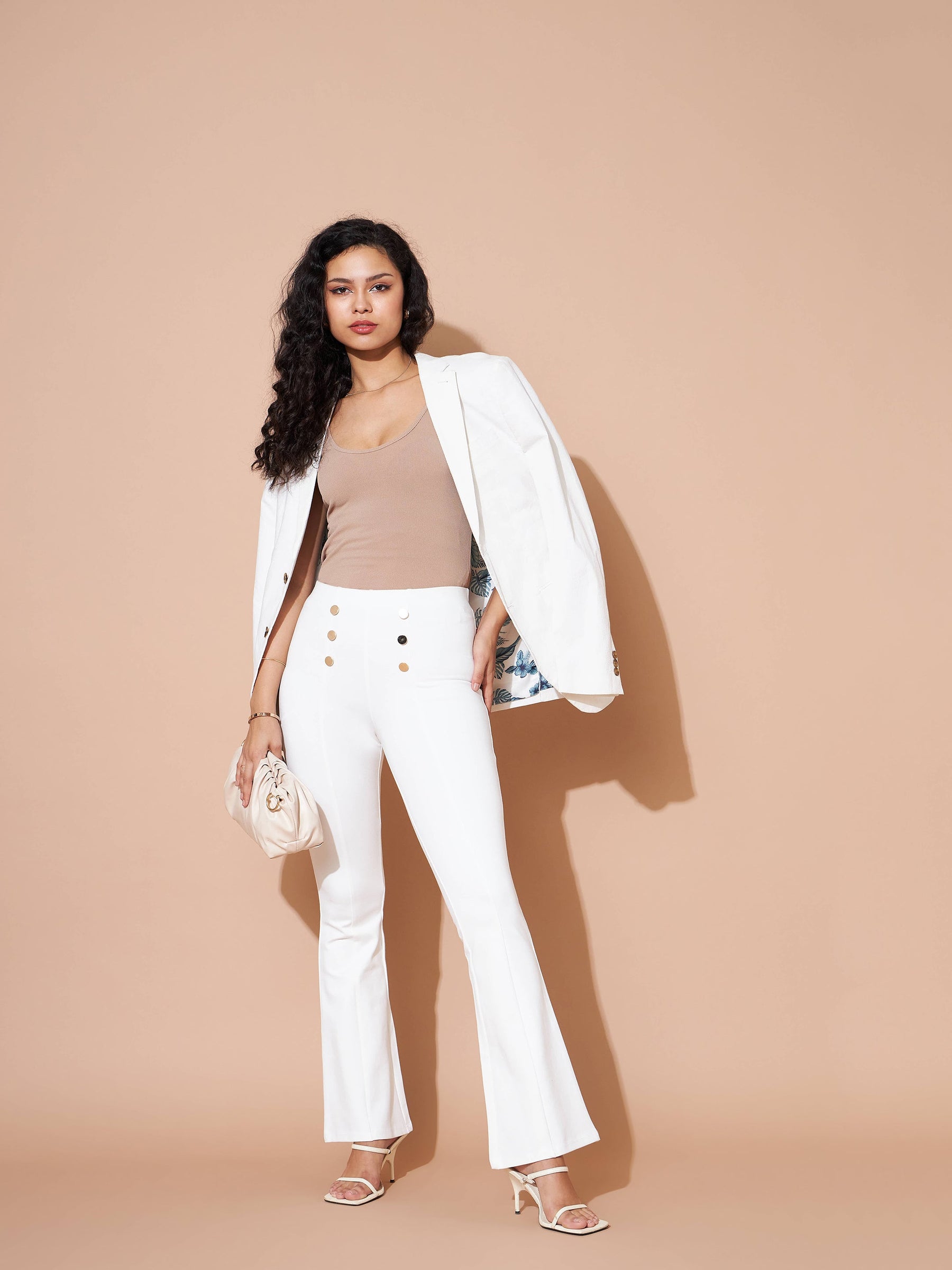 White High Waist Gold Show Buttons Pants-SASSAFRAS BASICS