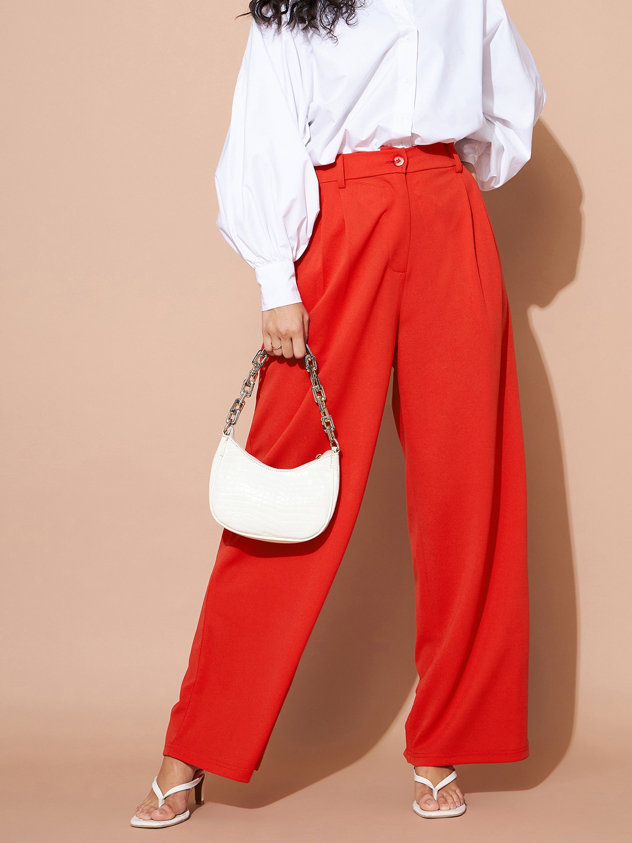 Bright Orange Plisse High Waist Wide Leg Pants