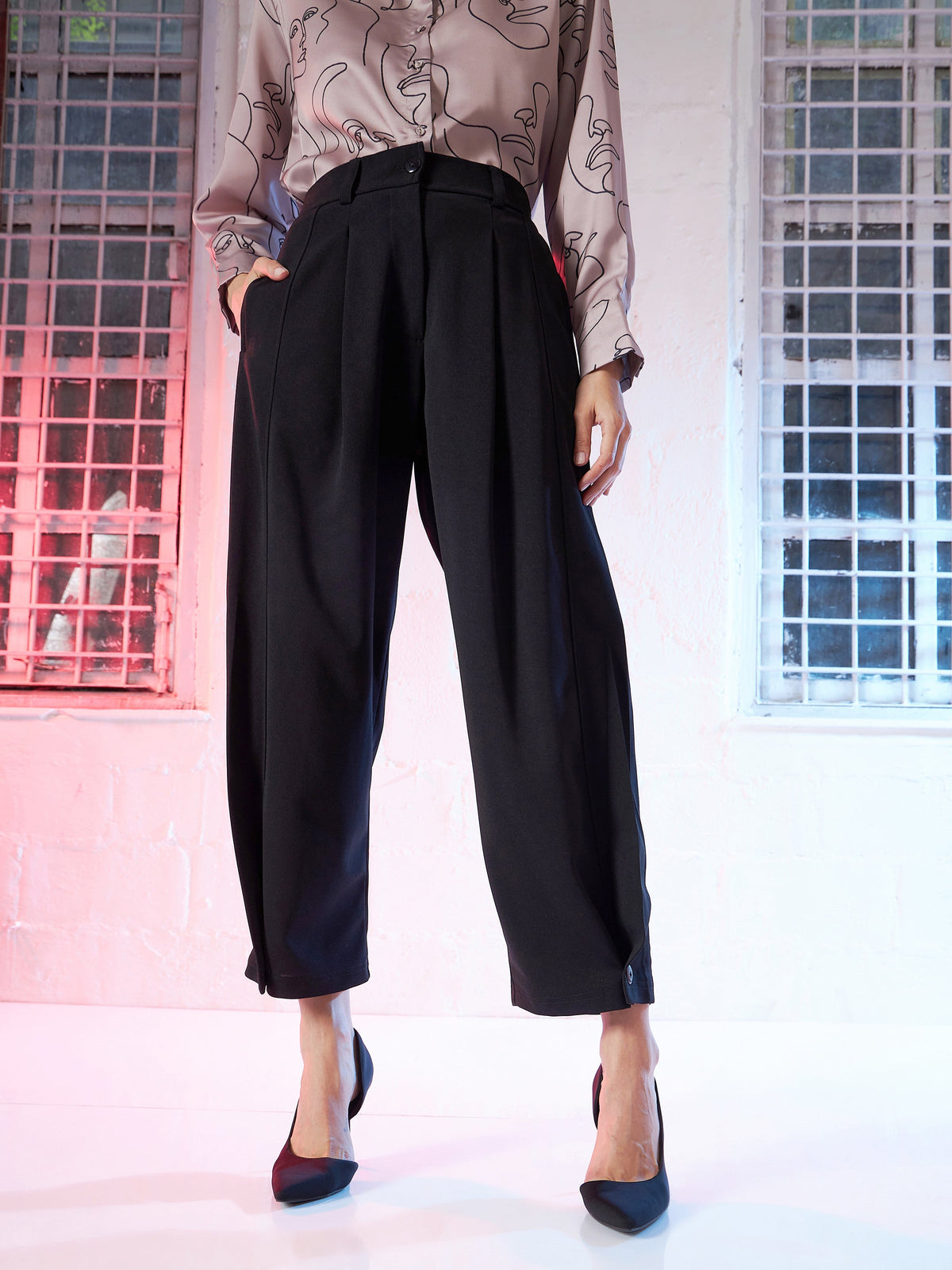 Black Button Hem Darted Balloon Pants-SASSAFRAS