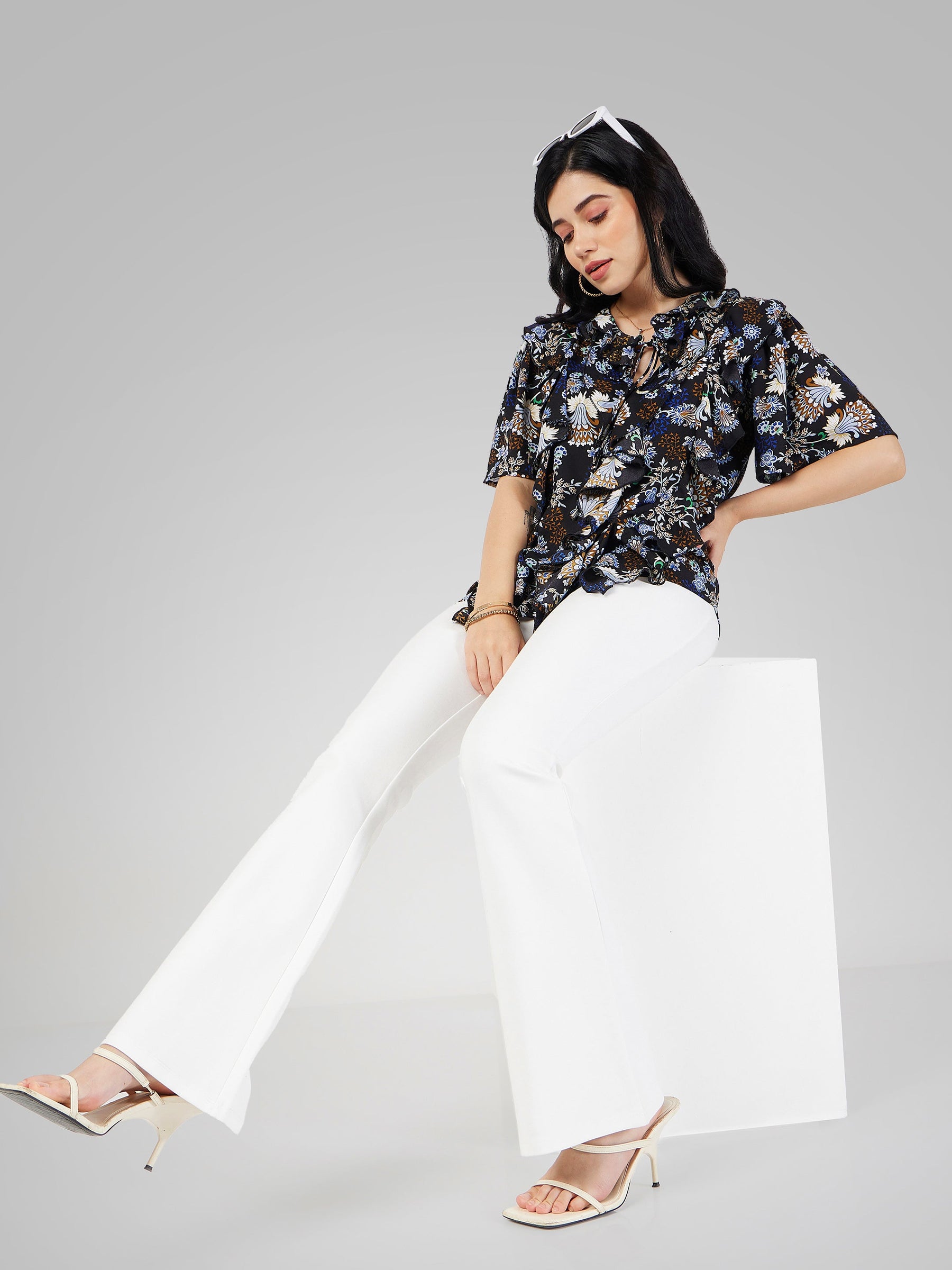 White Bell Bottom 4-Way Stretch Pants-SASSAFRAS