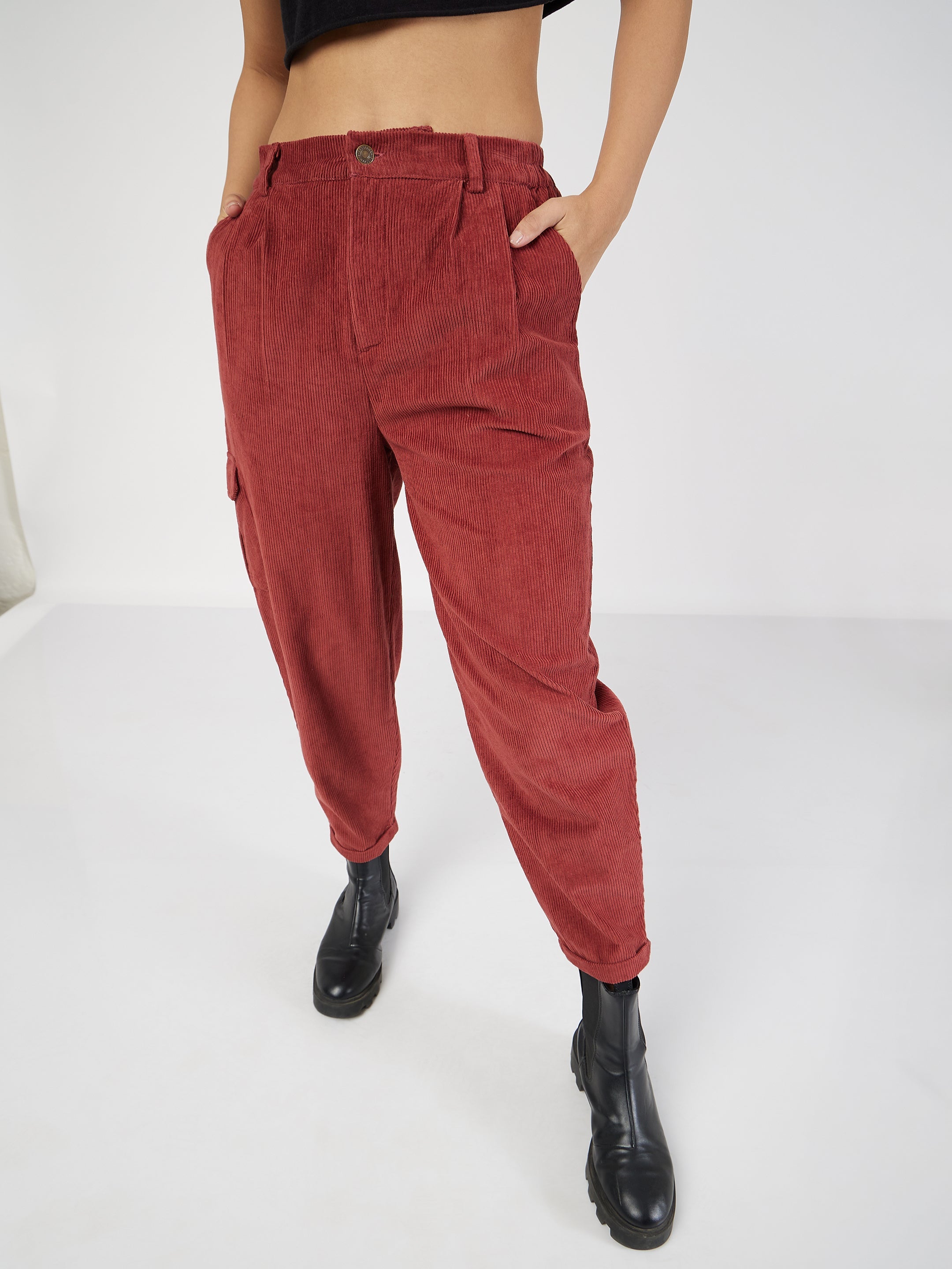 Buy Rust Corduroy Carrot Fit Pants Online At Best Price