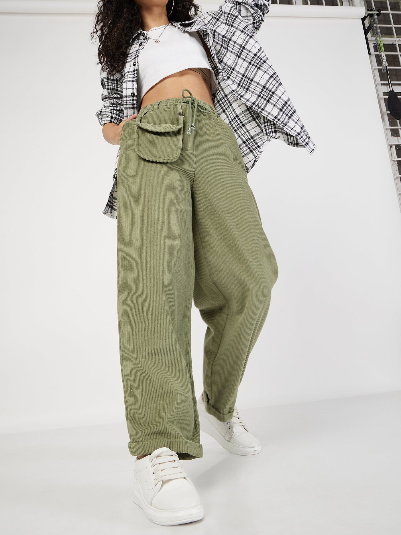 Olive Corduroy Pouch Pocket Drawstring Pants-SASSAFRAS