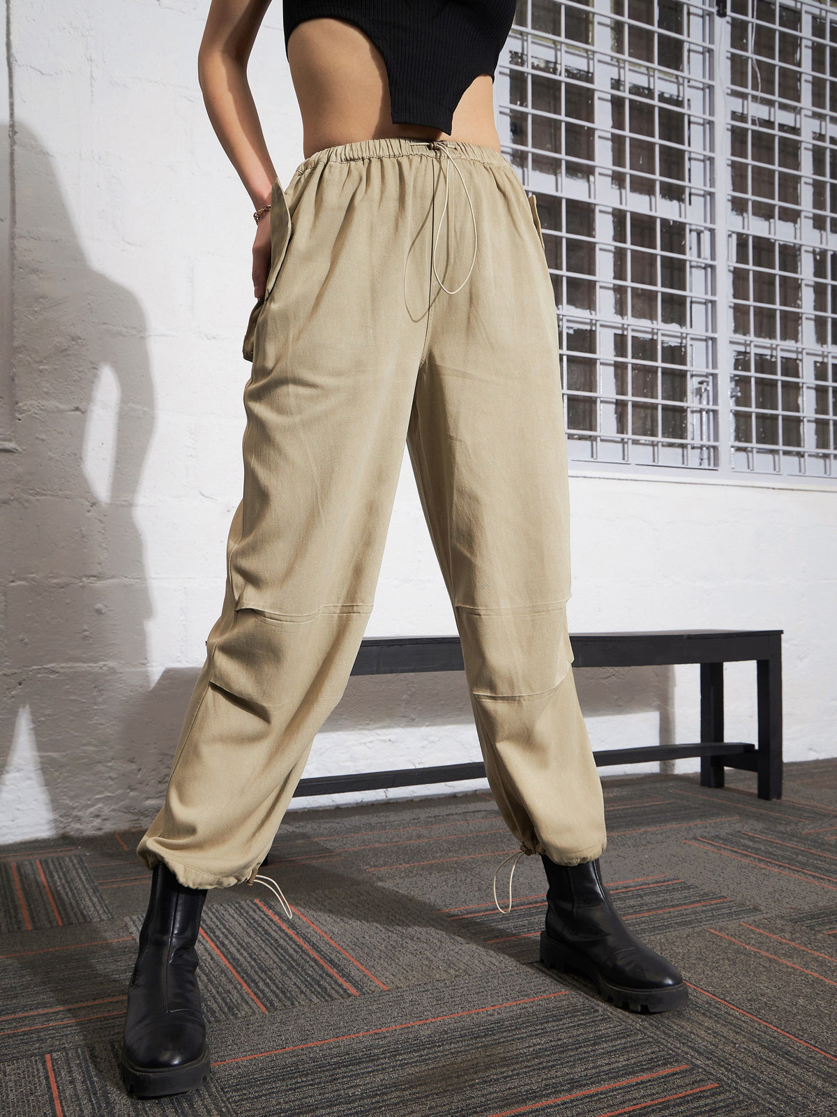 Beige Pleated Knee Twill Jogger Cargos-SASSAFRAS