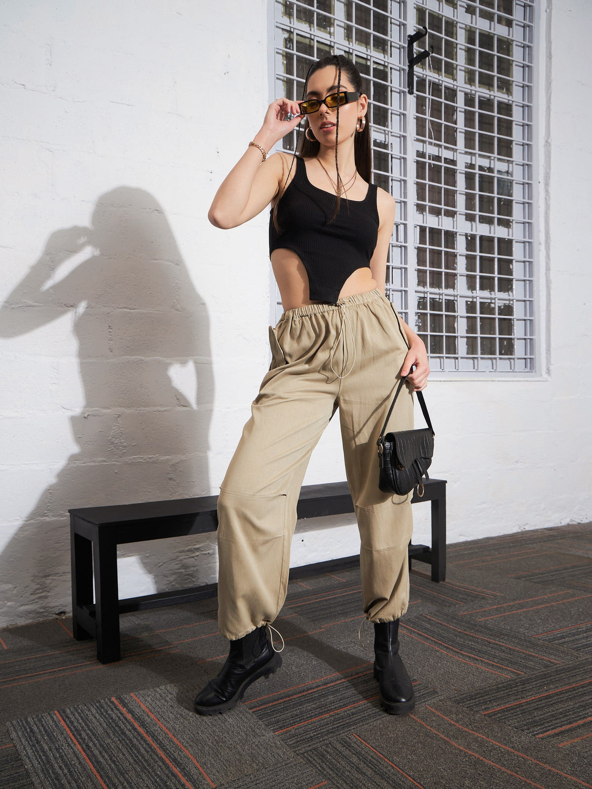 Beige Pleated Knee Twill Jogger Cargos-SASSAFRAS