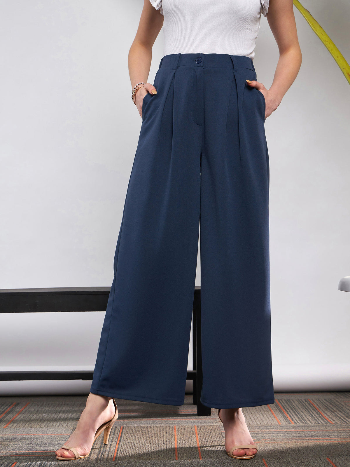 Blue Front Pleated Loose Fit Korean Pants-SASSAFRAS