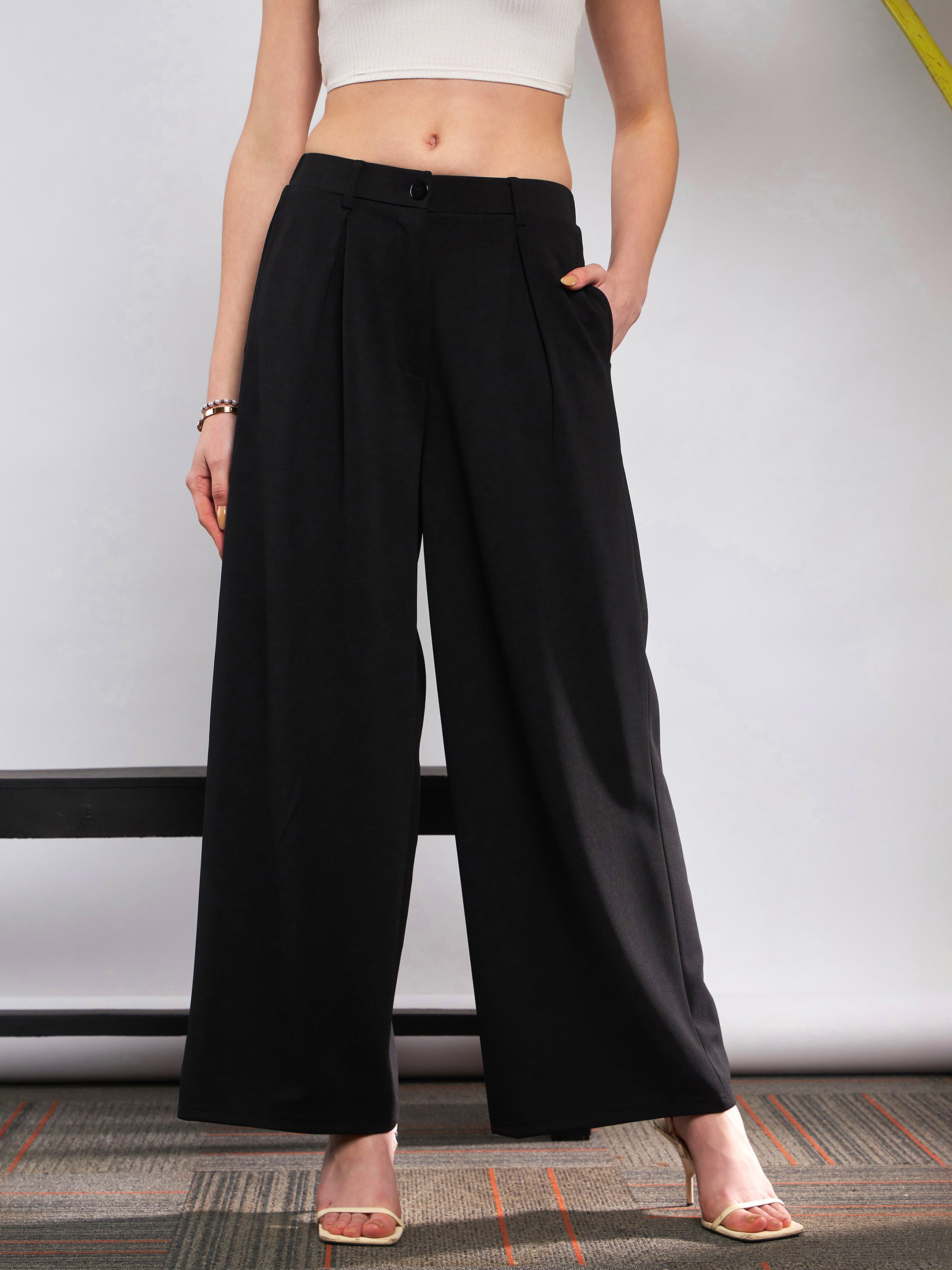 Buy Black Front Pleated Loose Fit Korean Pants Online At Best