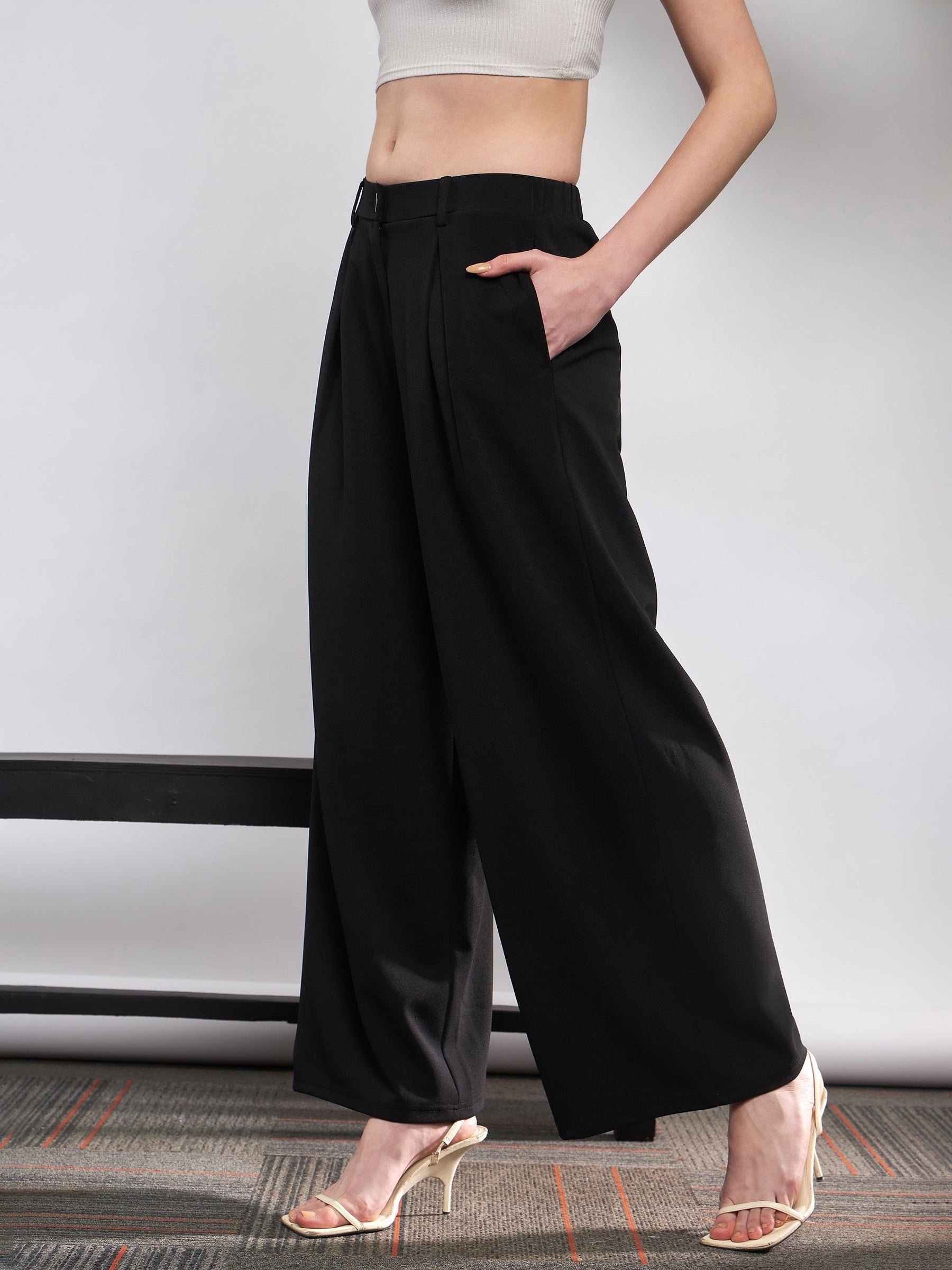 Black Front Pleated Loose Fit Korean Pants-SASSAFRAS