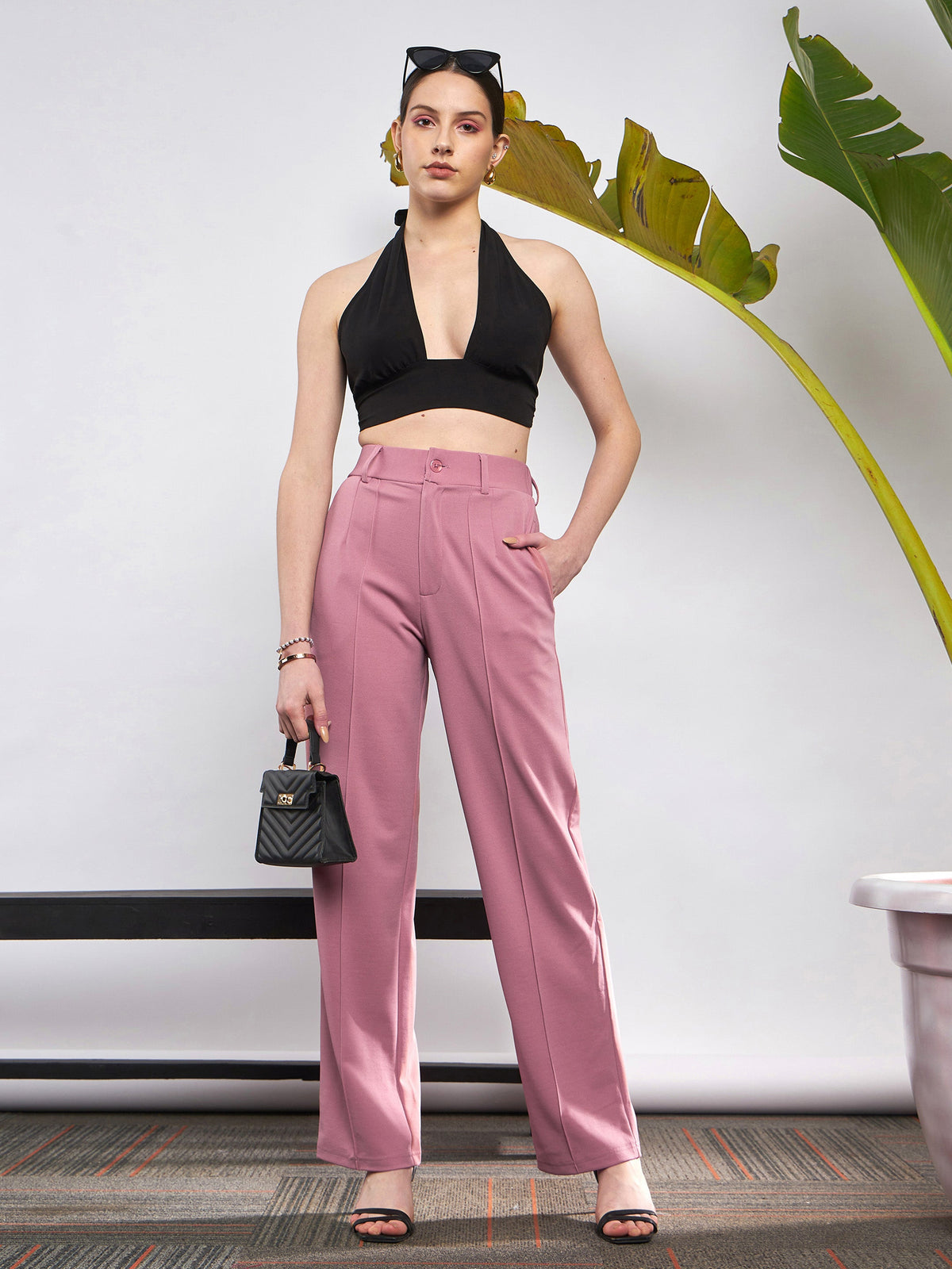 Pink Front Darted Knitted Straight Pants-SASSAFRAS
