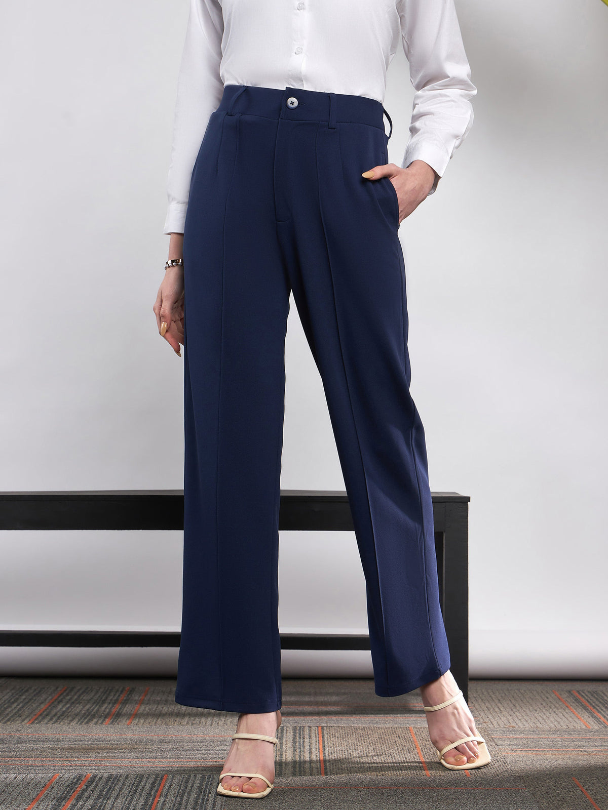 Navy Front Darted Knitted Straight Pants-SASSAFRAS