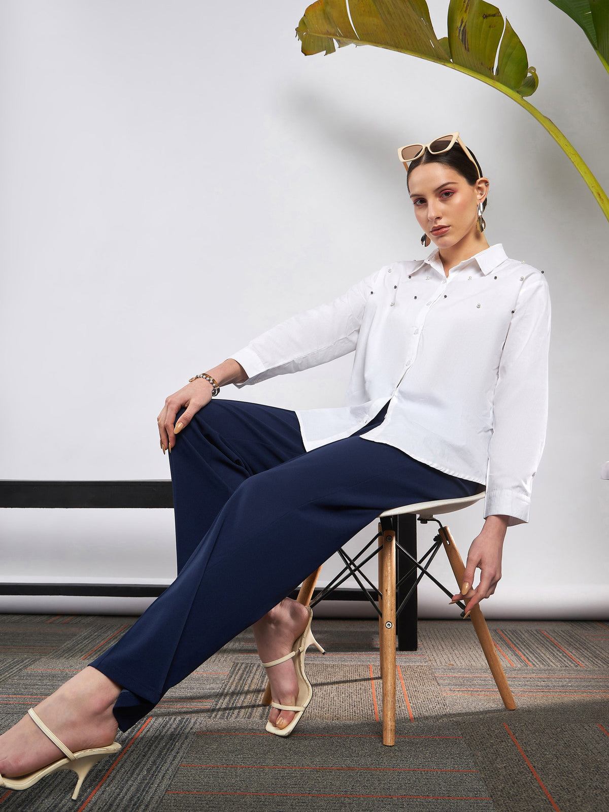 Navy Front Darted Knitted Straight Pants-SASSAFRAS