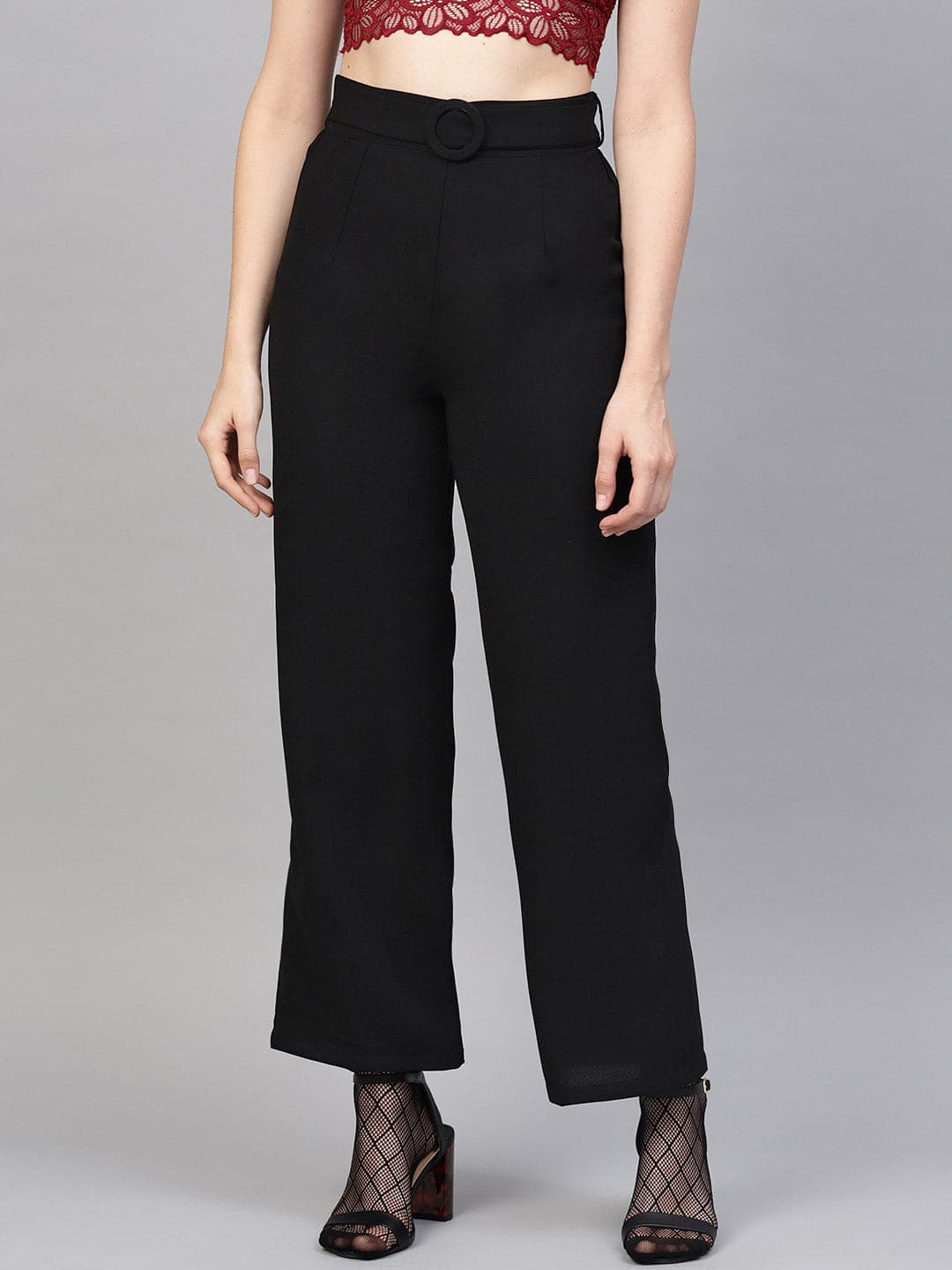 Flared Trousers Black High Waisted Belted Trousers Black High