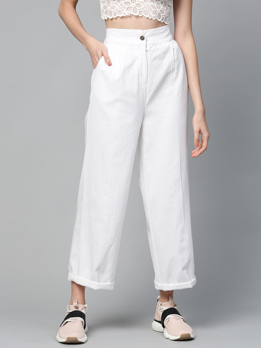 White Twill Wide Leg Pants-Pants-SASSAFRAS