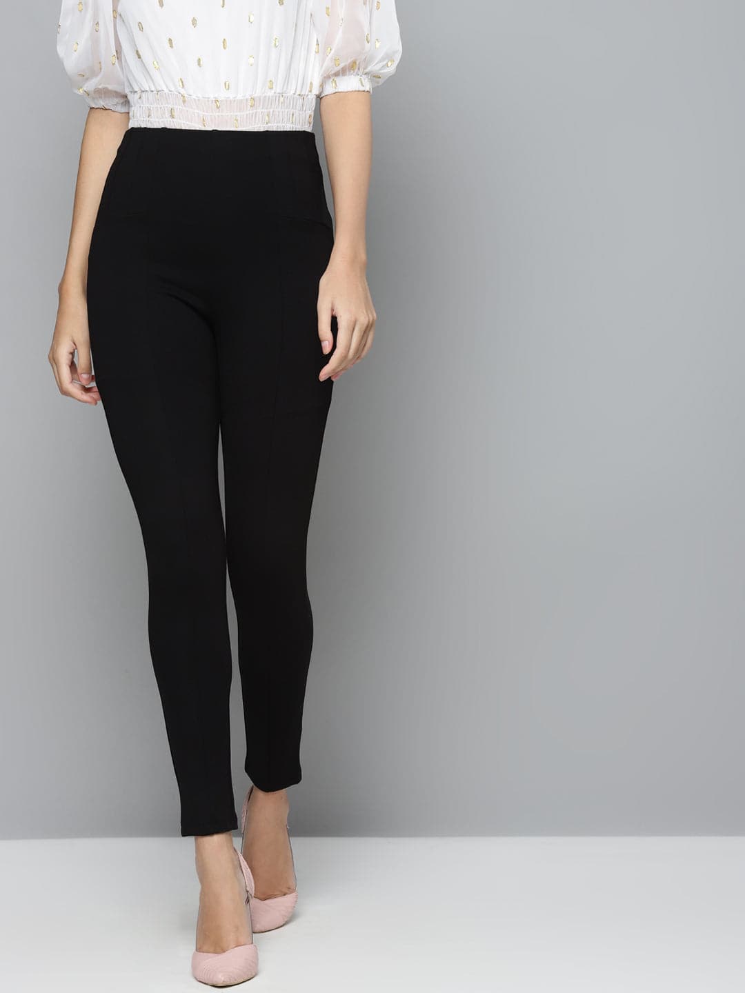 Black Back Zipper High Waist Jeggings - Main Image