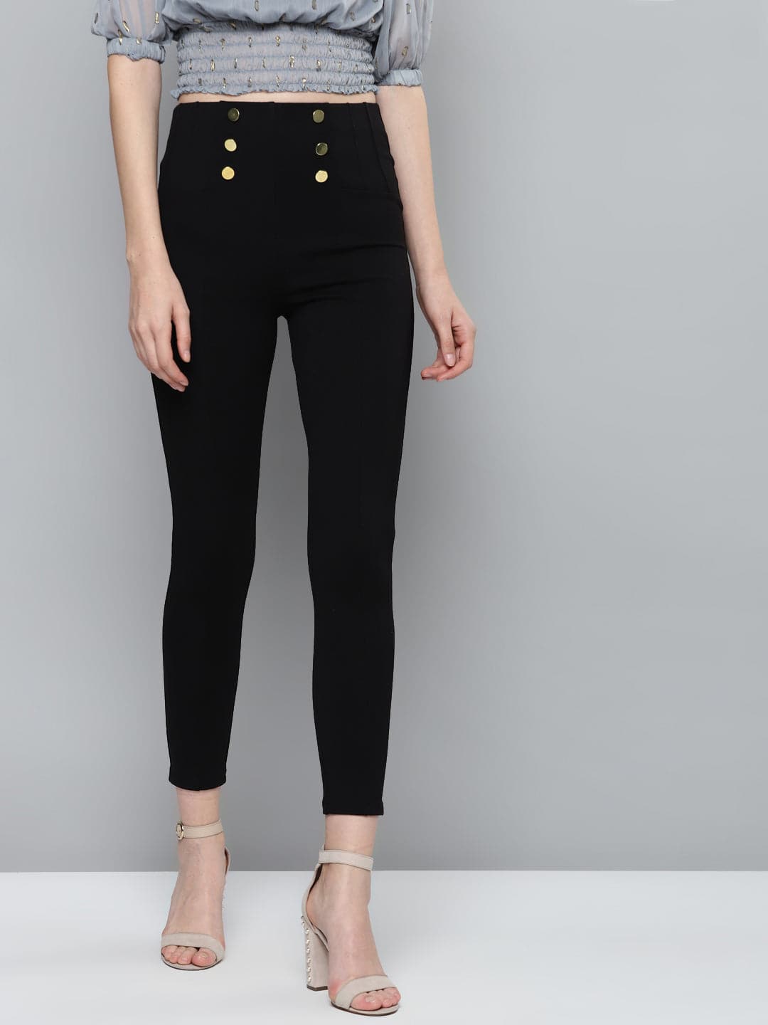 Black Front Button High Waist Jeggings-Jeggings-SASSAFRAS