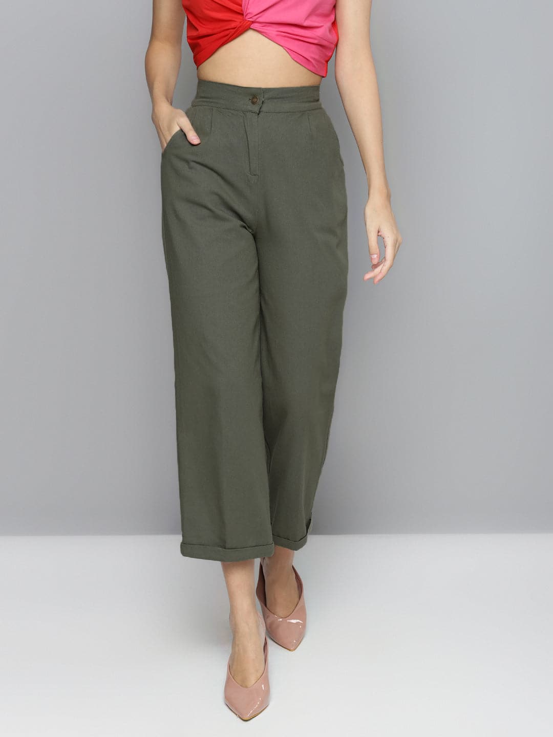 Olive Green Color Ankle Length Fusion Cotton Pant