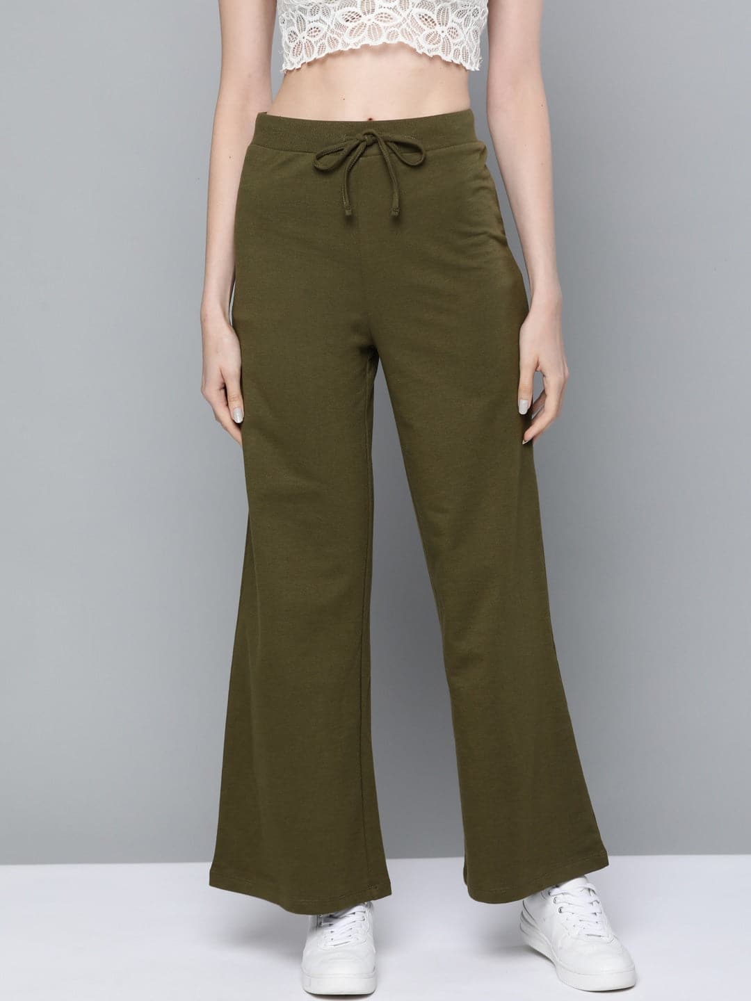 Olive Terry Drawstring Wide Leg Pants-Joggers & Track Pants-SASSAFRAS