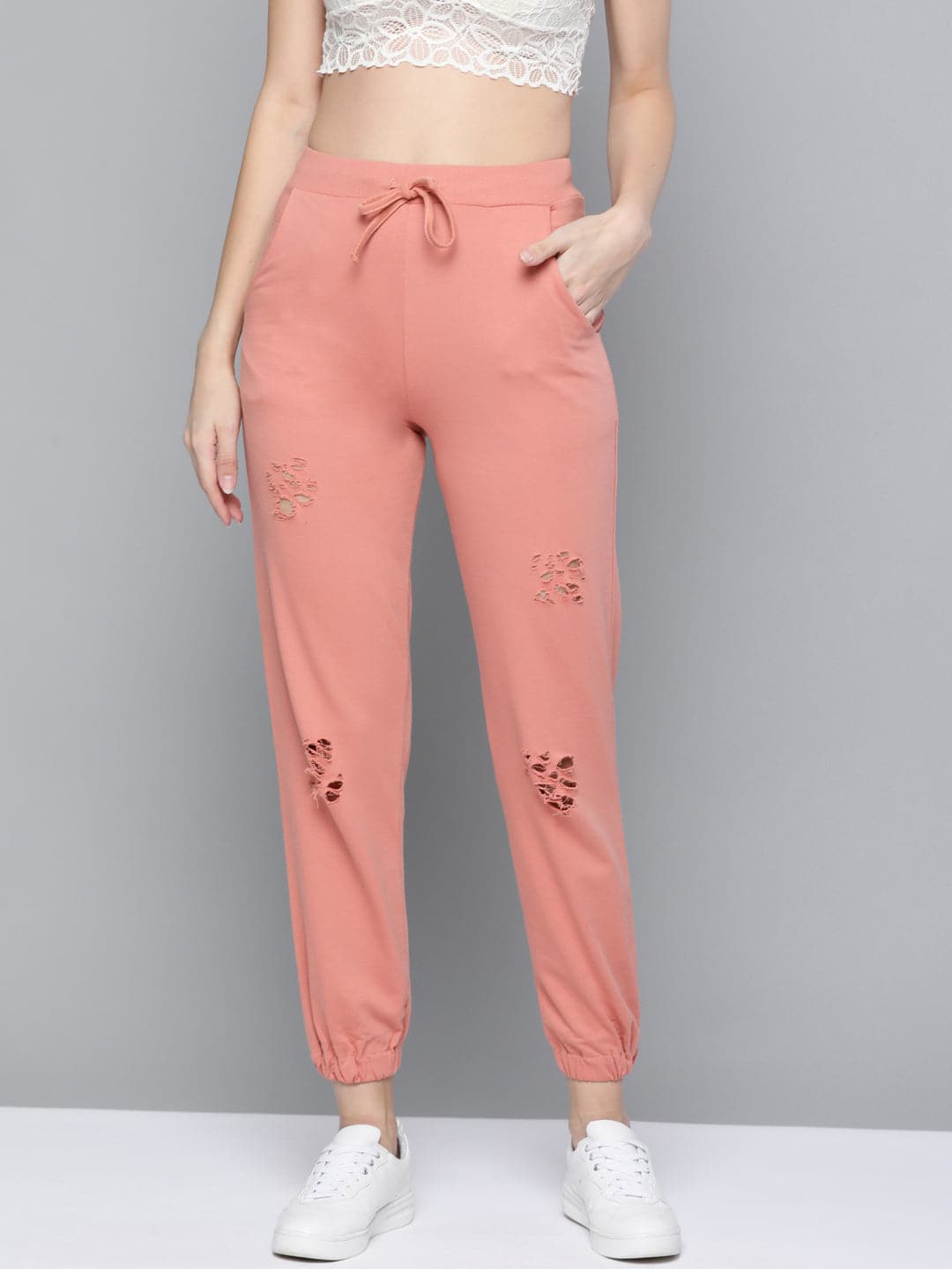 Buy Women Peach Terry Ripped Joggers Online At Best Price 