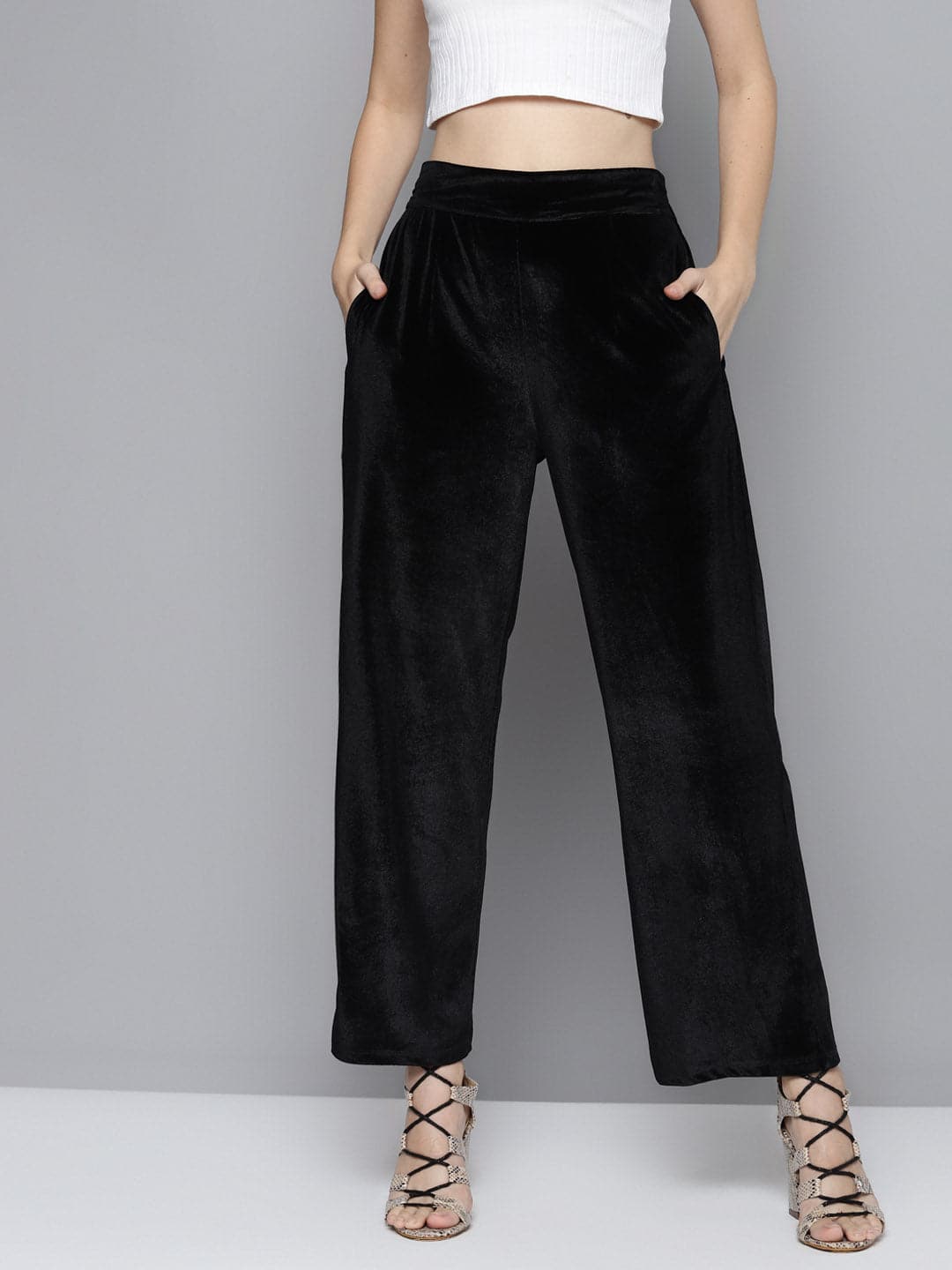 Black Velvet Straight Pants - Main Image