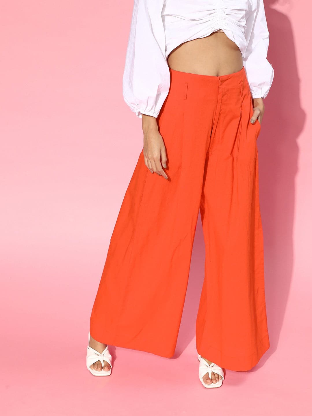 Women Red High Waist Wide Leg Pants-Pants-SASSAFRAS