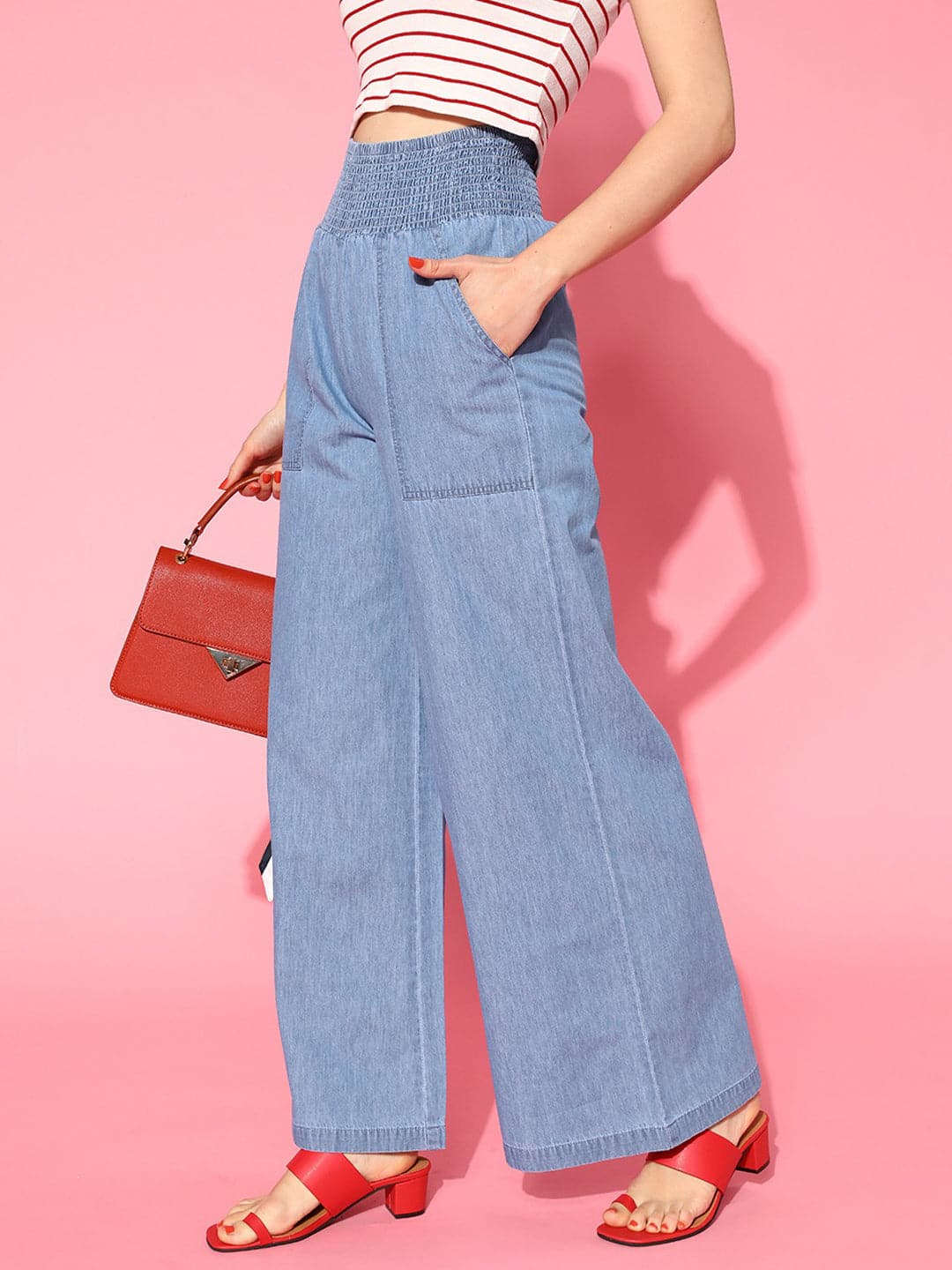 Women Ice Blue Denim Smocking Waist Flared Pants-Pants-SASSAFRAS
