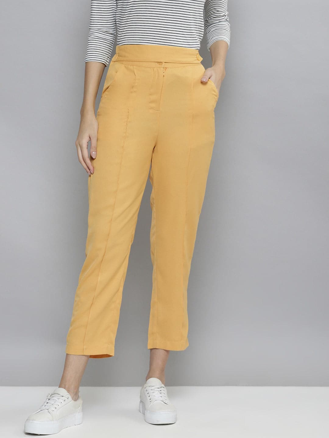 Women Yellow Belted Tapered Pants - Main Image