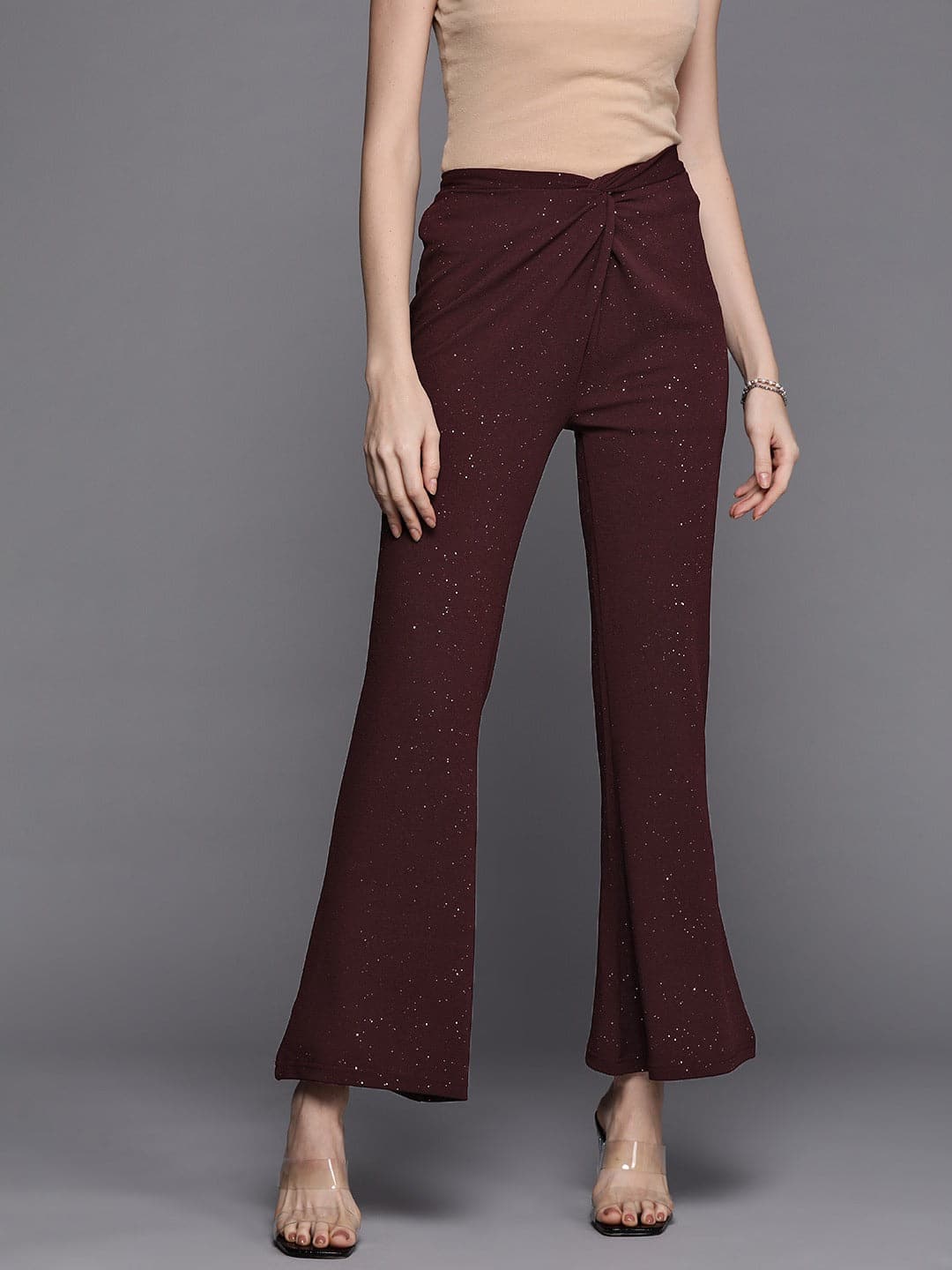 Burgundy Shimmer Twisted Bellbottom Pants-SASSAFRAS
