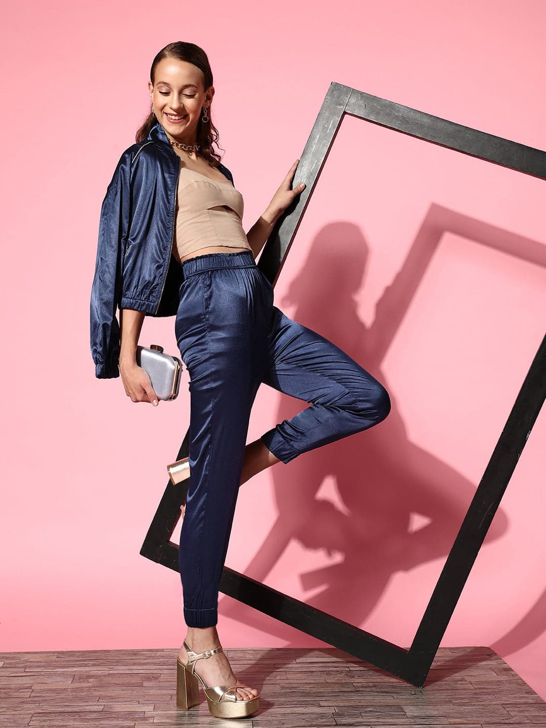 Women Navy Lycra Satin Jogger Pants - Main Image