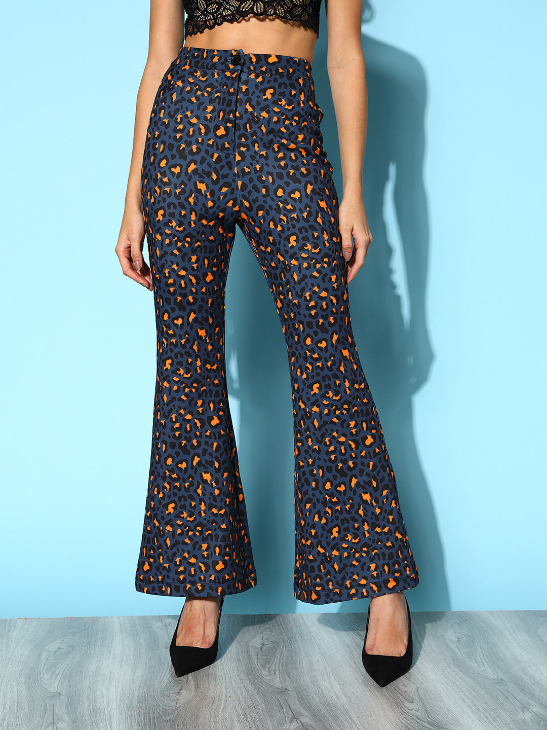 Navy Cheetah Scuba Bell Bottom Pants-SASSAFRAS