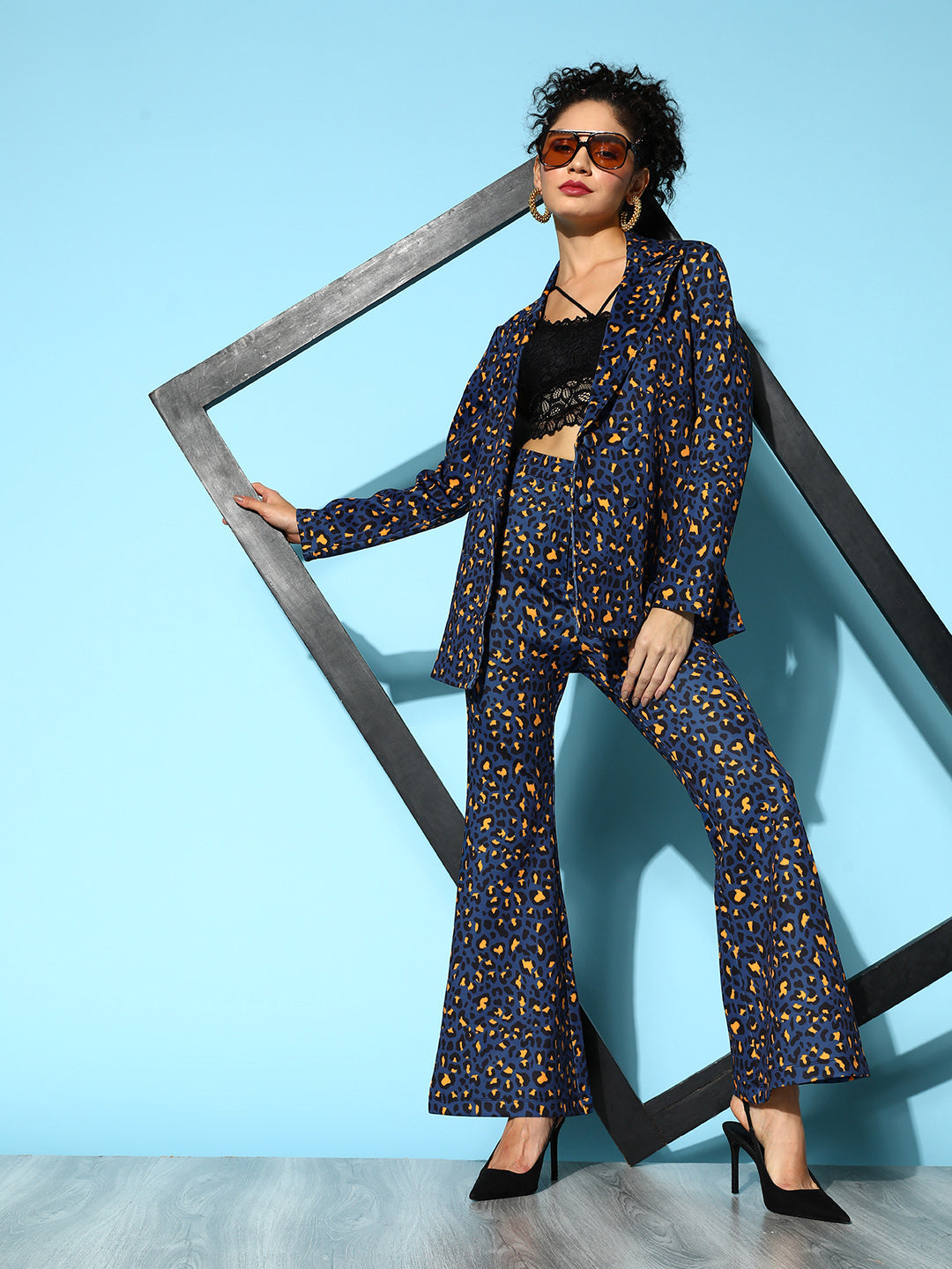 Navy Cheetah Scuba Bell Bottom Pants-SASSAFRAS