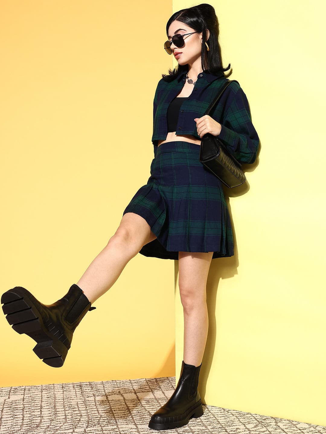 Navy Check Crop Shirt With Mini Skirt-SASSAFRAS