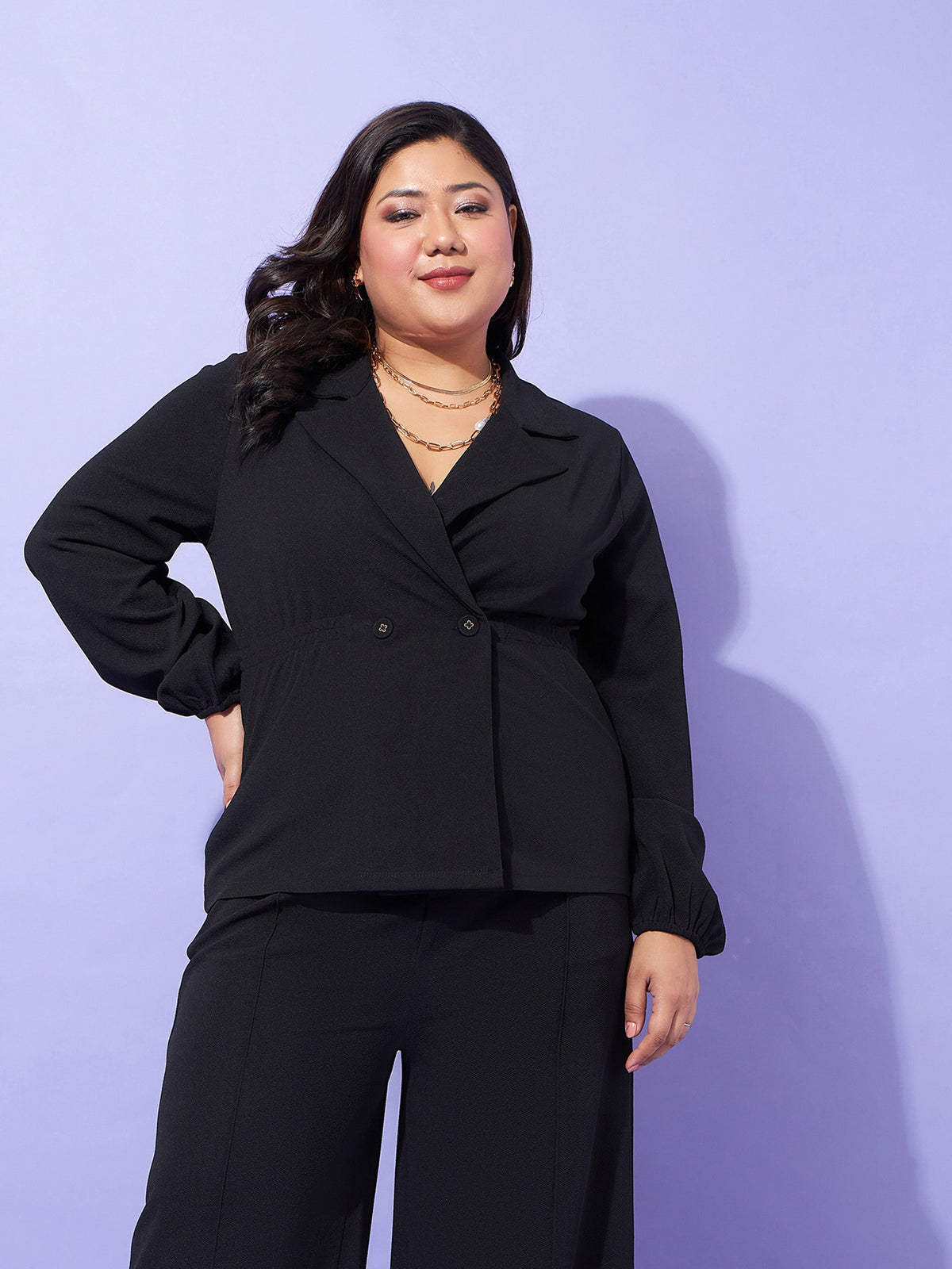 Black Collar Neck Top With Straight Pants-SASSAFRAS Curve
