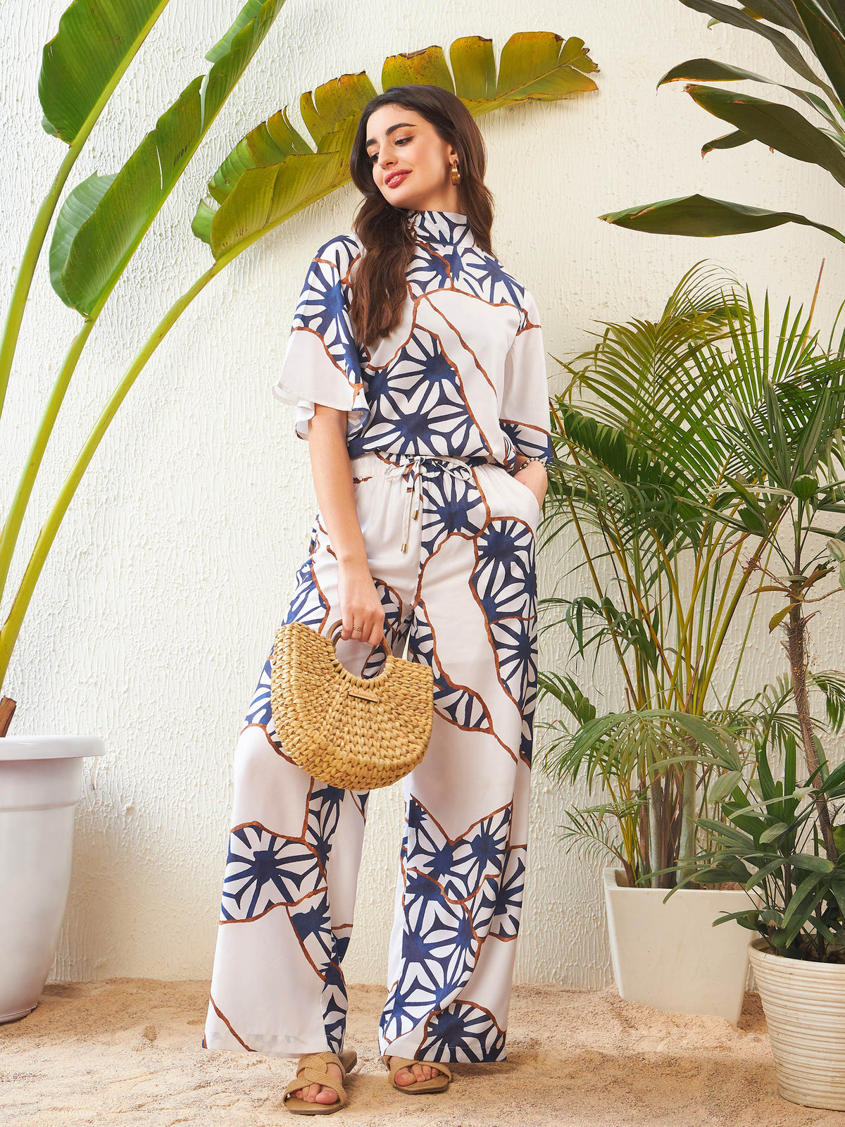 White Abstract Printed Top With Palazzo Pants-SASSAFRAS