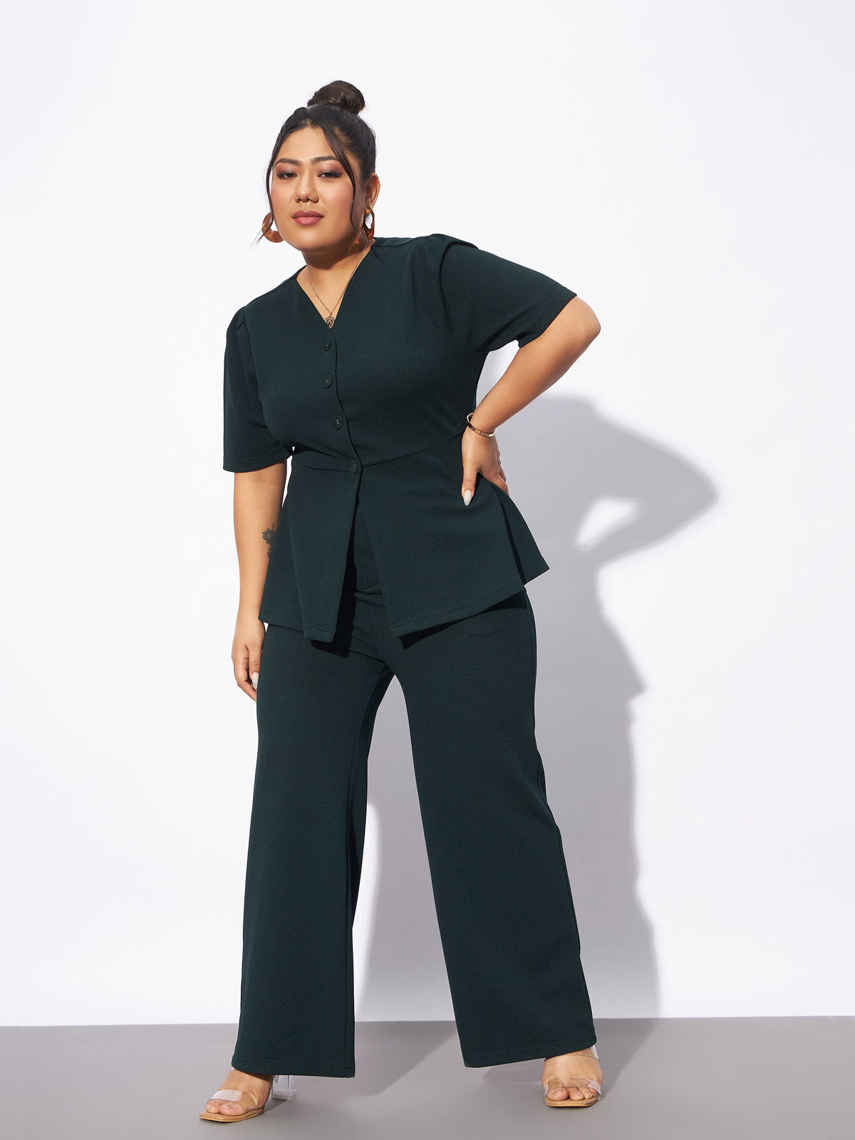 Emerald Green Front Button Top With Pants-SASSAFRAS Curve