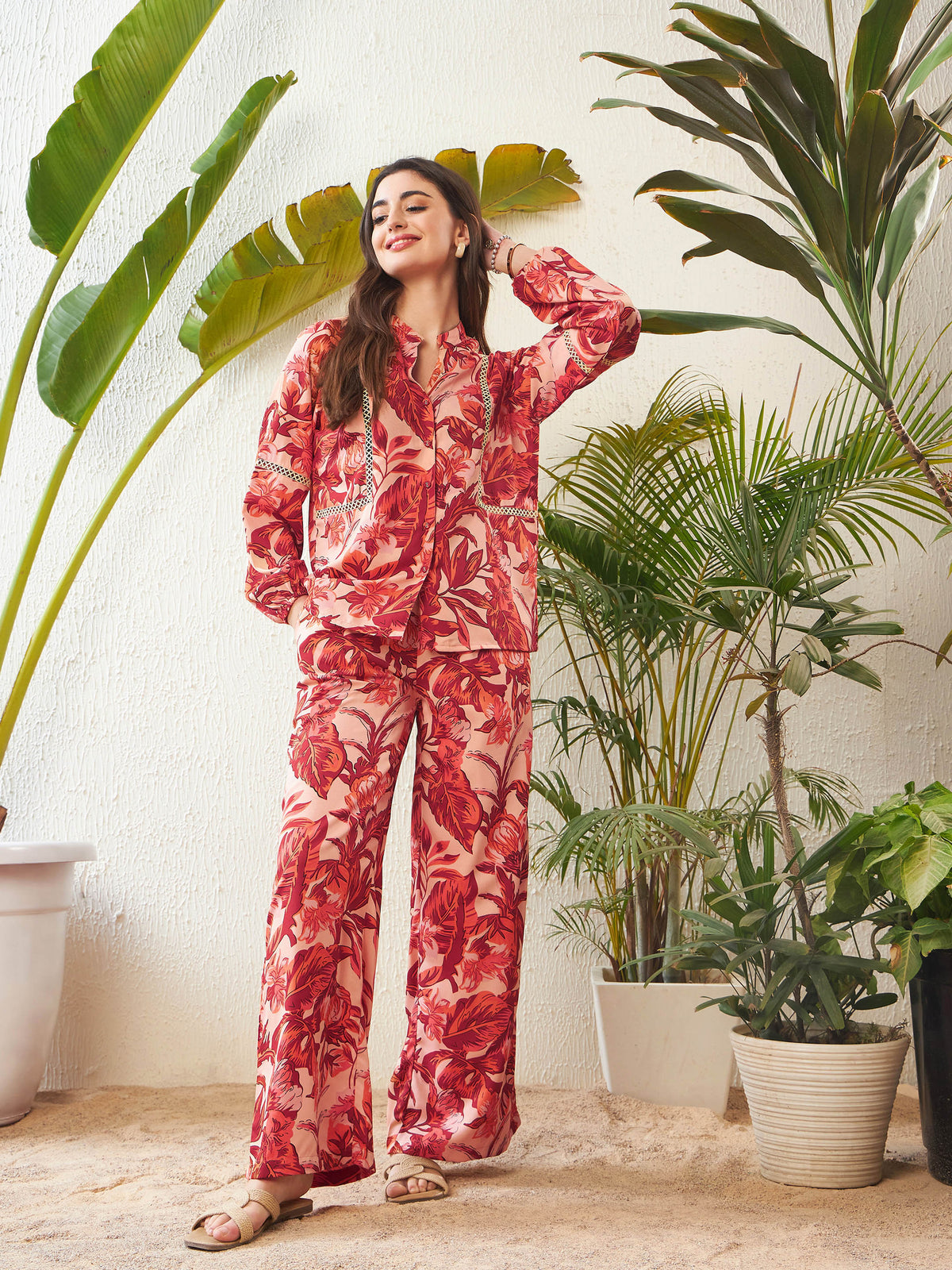 Rust Floral Lace Insert Blouse With Palazzo Pants-SASSAFRAS
