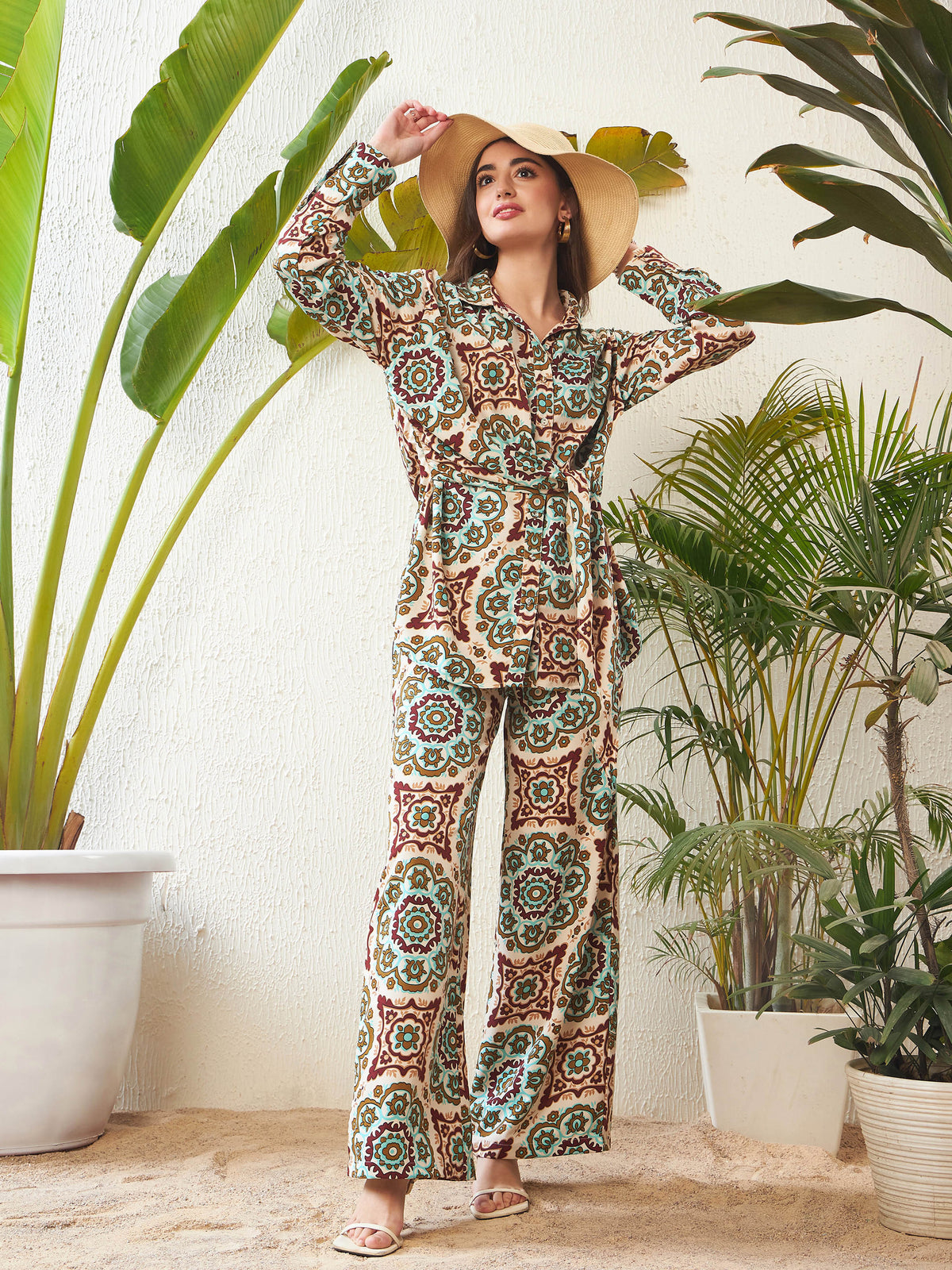 Beige Ethnic Motif Shirt With Palazzo Pants-SASSAFRAS