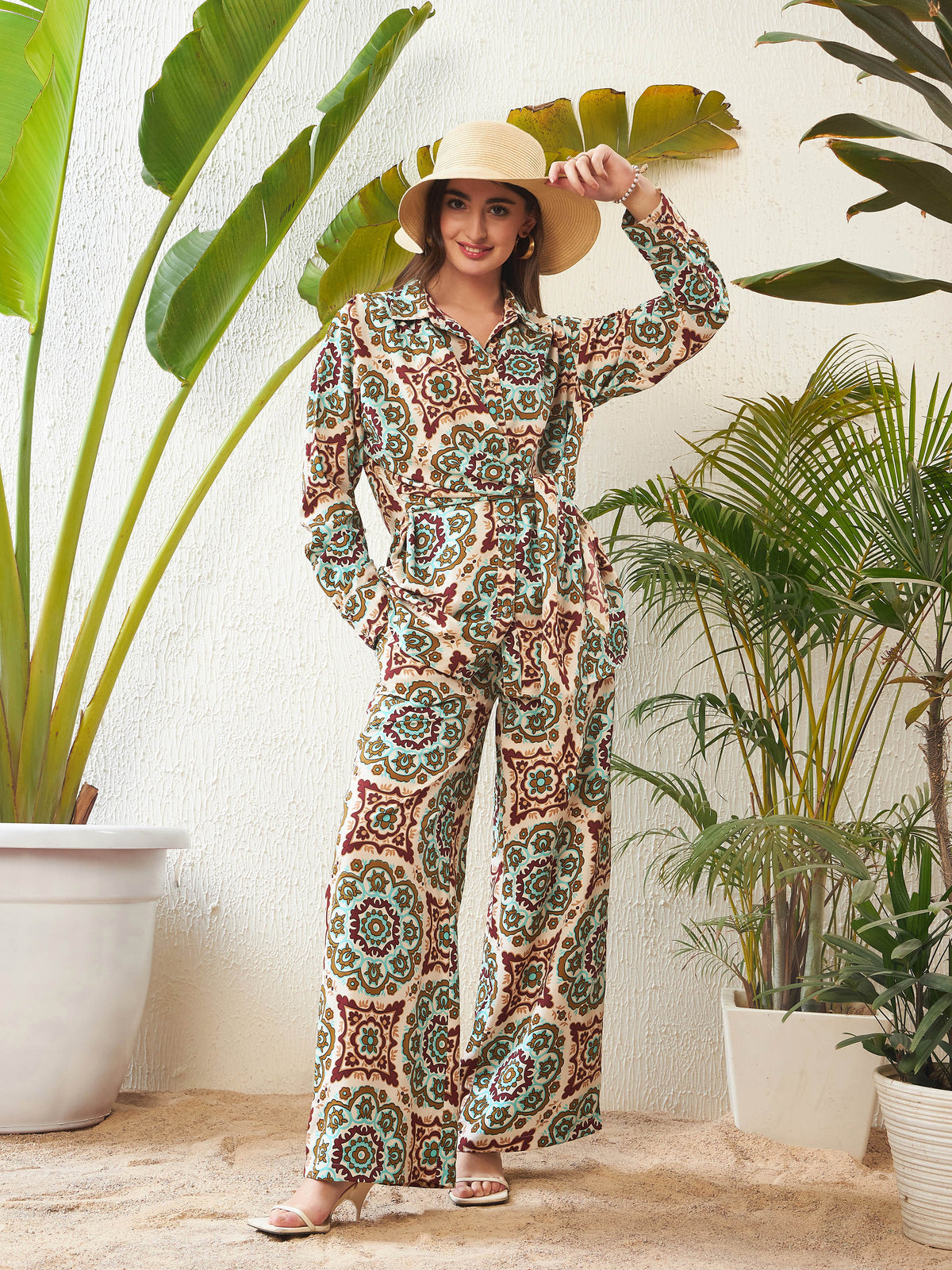 Beige Ethnic Motif Shirt With Palazzo Pants-SASSAFRAS