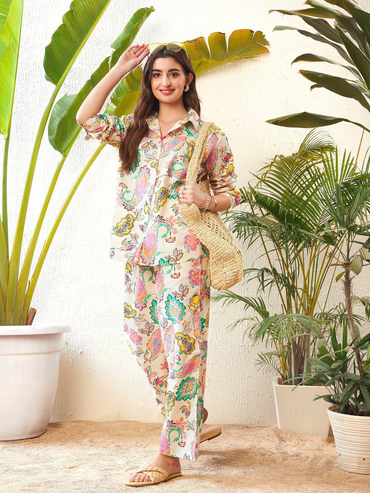 Off-White Paisley Shirt With Lounge Pants-SASSAFRAS